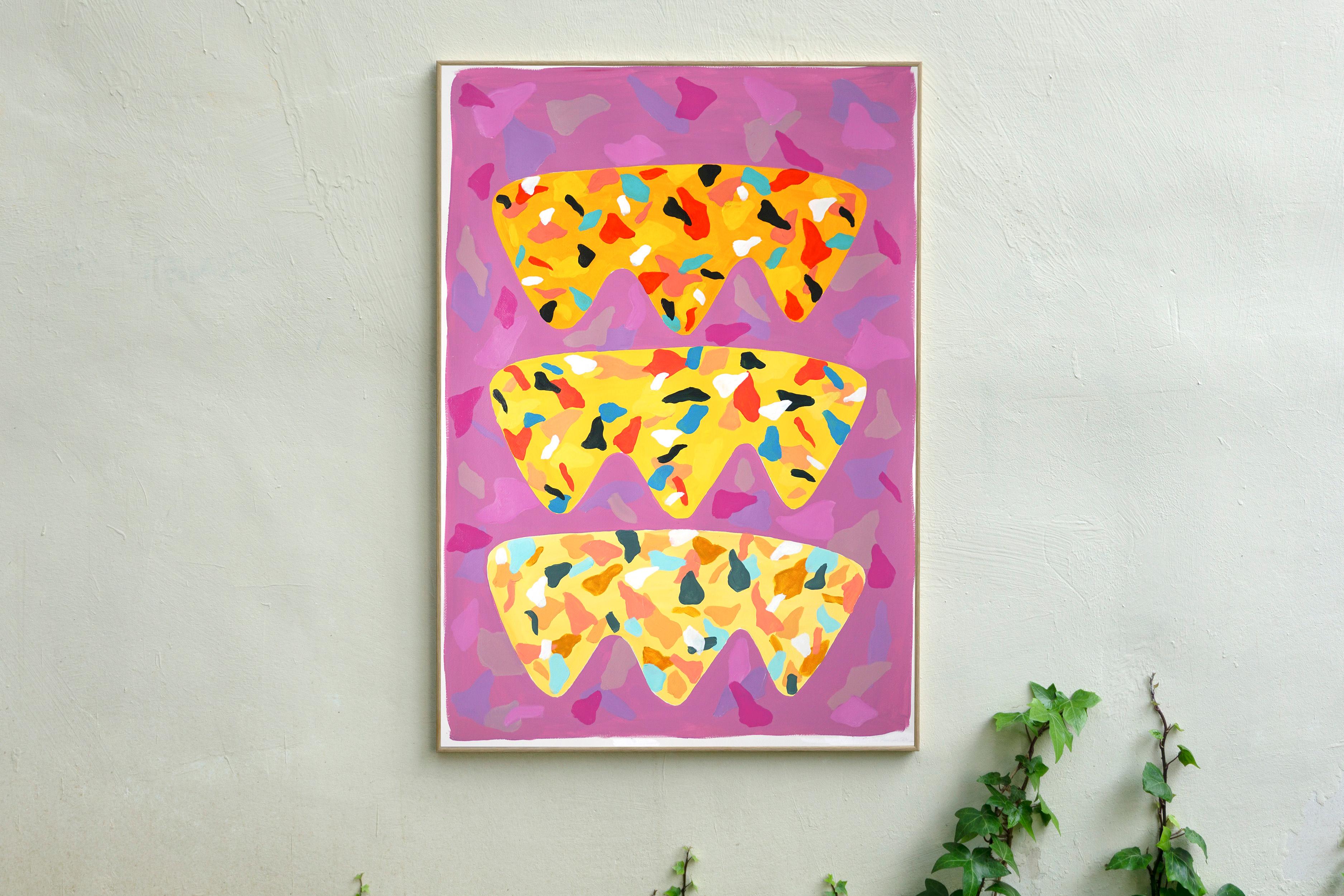 Purple and Orange Melting Shapes, Terrazzo Patterns Style, Vertical Vivid Tones - Pink Abstract Painting by Natalia Roman