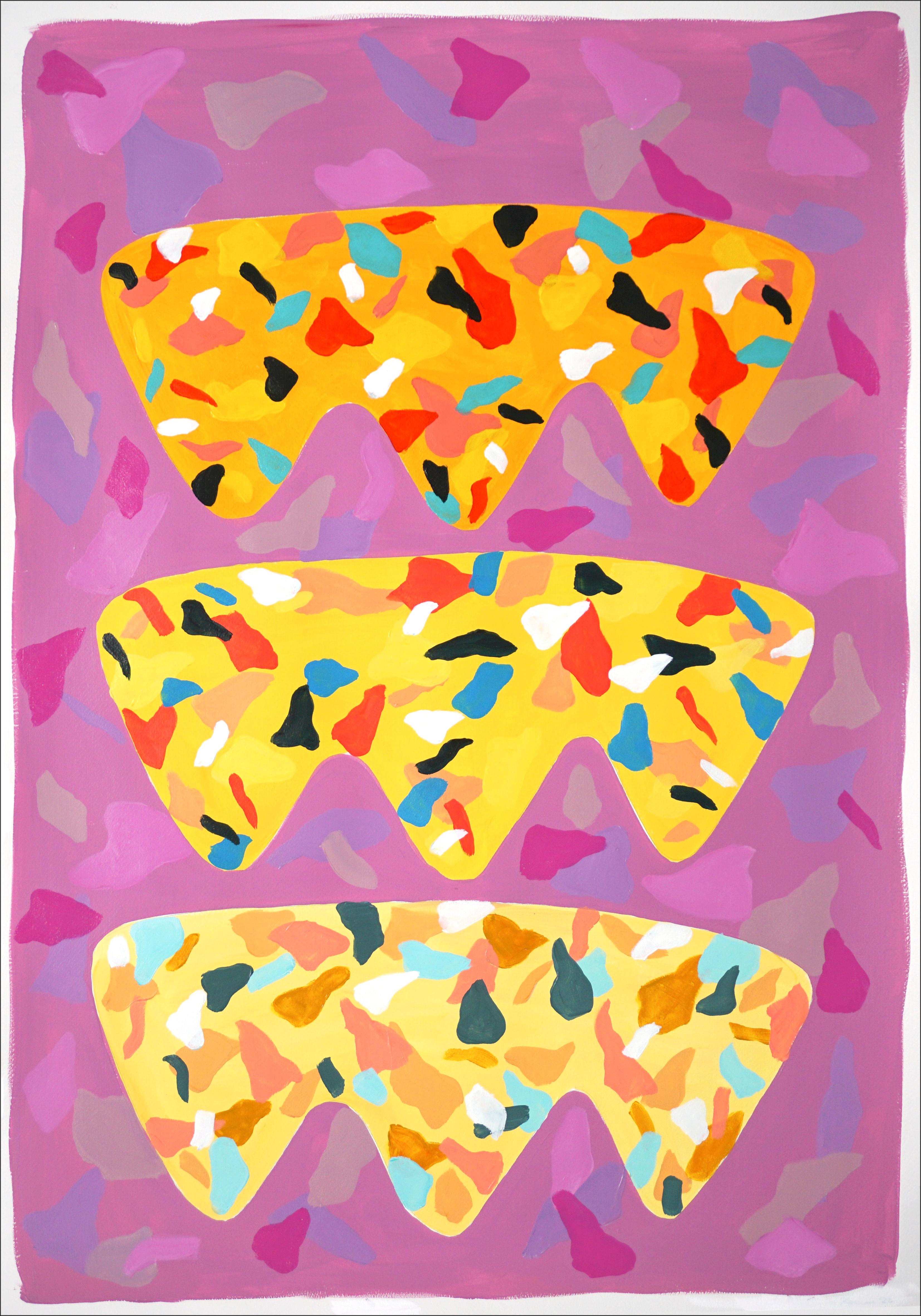 Natalia Roman Abstract Painting - Purple and Orange Melting Shapes, Terrazzo Patterns Style, Vertical Vivid Tones