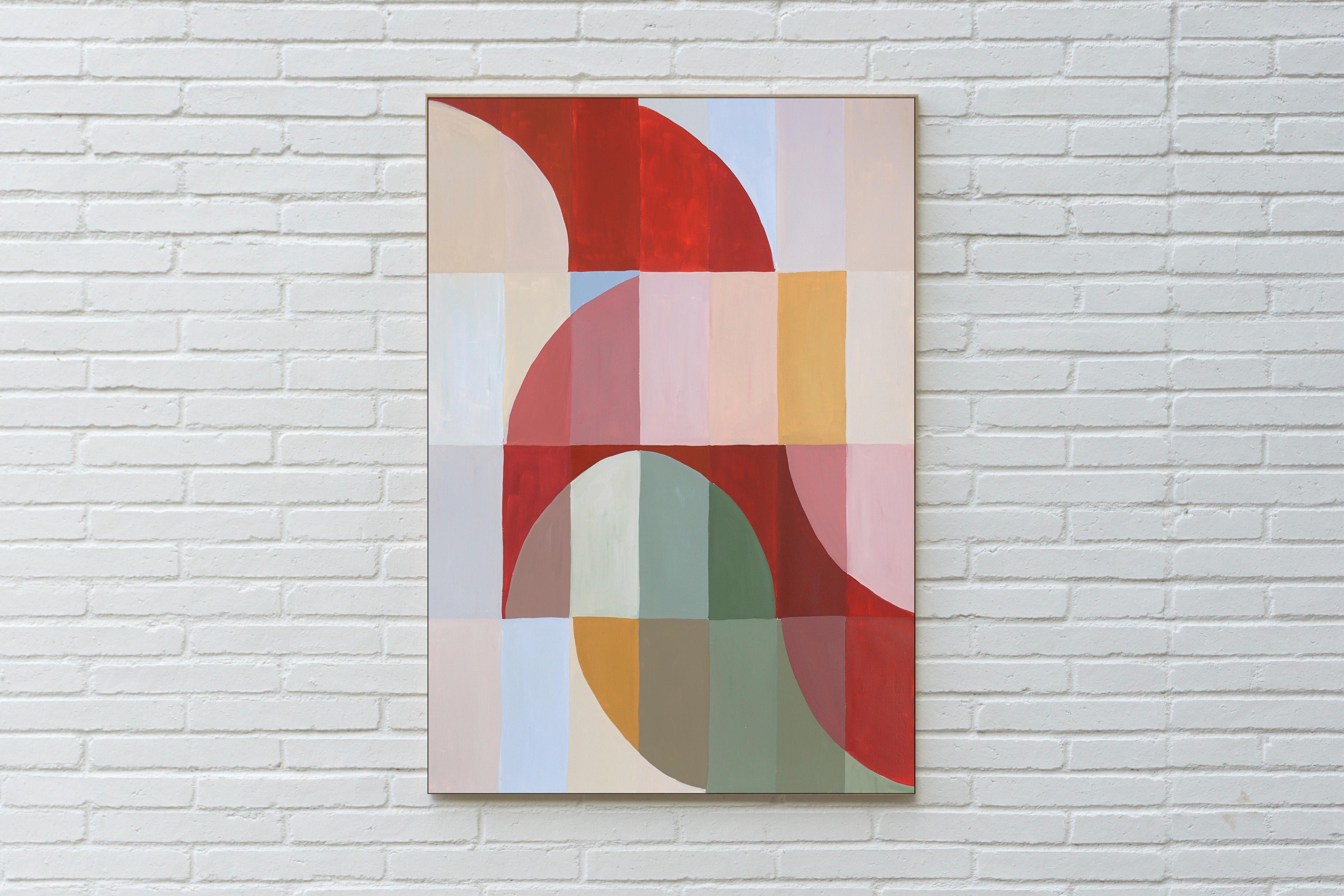 Uccello rosso di Bauhaus Origami, griglia geometrica astratta, pittura acrilica, carta, 2024 - Painting di Natalia Roman