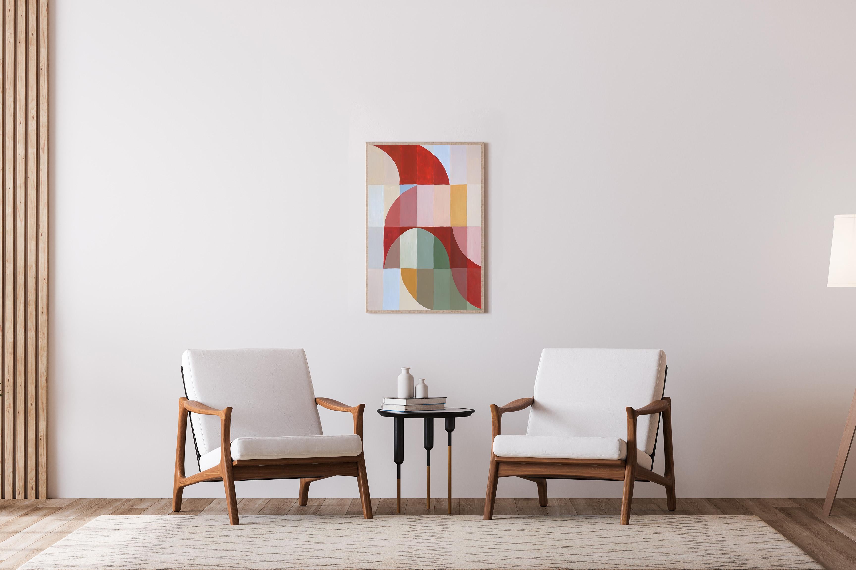 Questa serie di dipinti geometrici astratti di Natalia Roman trae ispirazione dalle griglie e dalle curve eleganti dell'architettura Bauhaus, esplorando allo stesso tempo variazioni di colori vivaci e pastello. Gli archi e le curve, meticolosamente