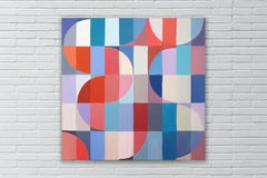 Red Brezze, Bauhaus Tiles, Geometric Landscape Grid in Red and Blue on Canvas