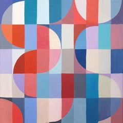 Red Brezze, Bauhaus Tiles, Geometric Landscape Grid in Red and Blue on Canvas