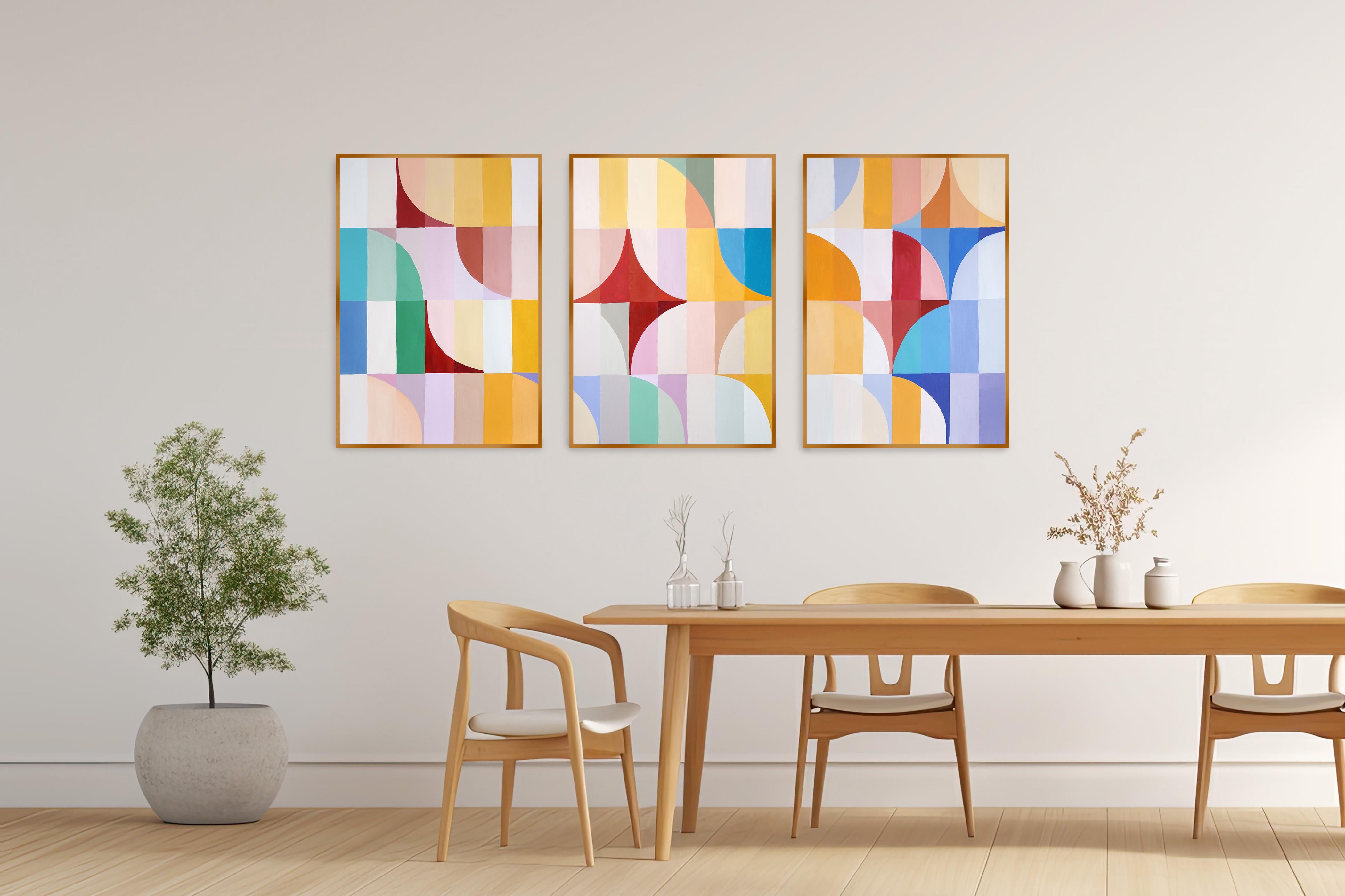 Red Poppy Season, Geometric Flowers in Vivid Tones, Painting Triptych, Tiles - Beige Abstract Painting by Natalia Roman