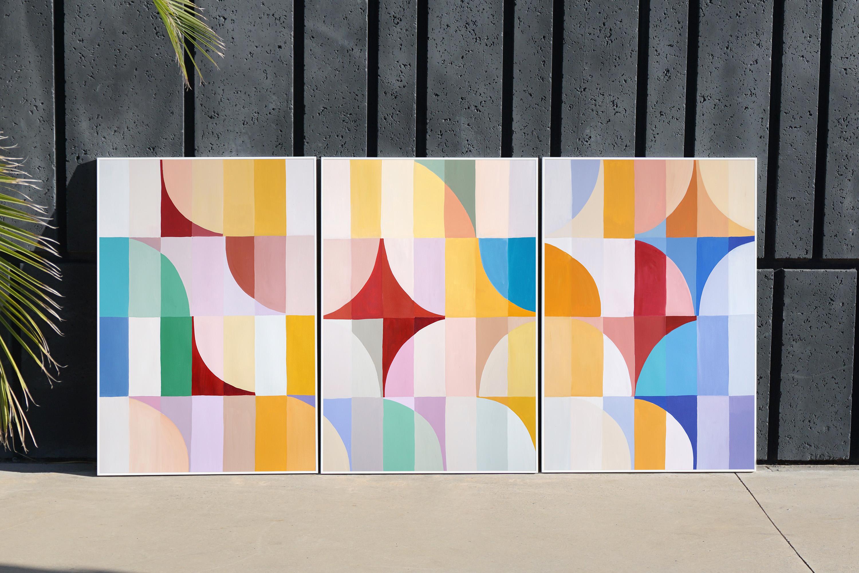 This series of abstract geometric paintings by Natalia Roman draws its inspiration from the sleek grids and curves of Bauhaus architecture, while at the same time exploring bright and pastel color variations. The arcs and curves, meticulously