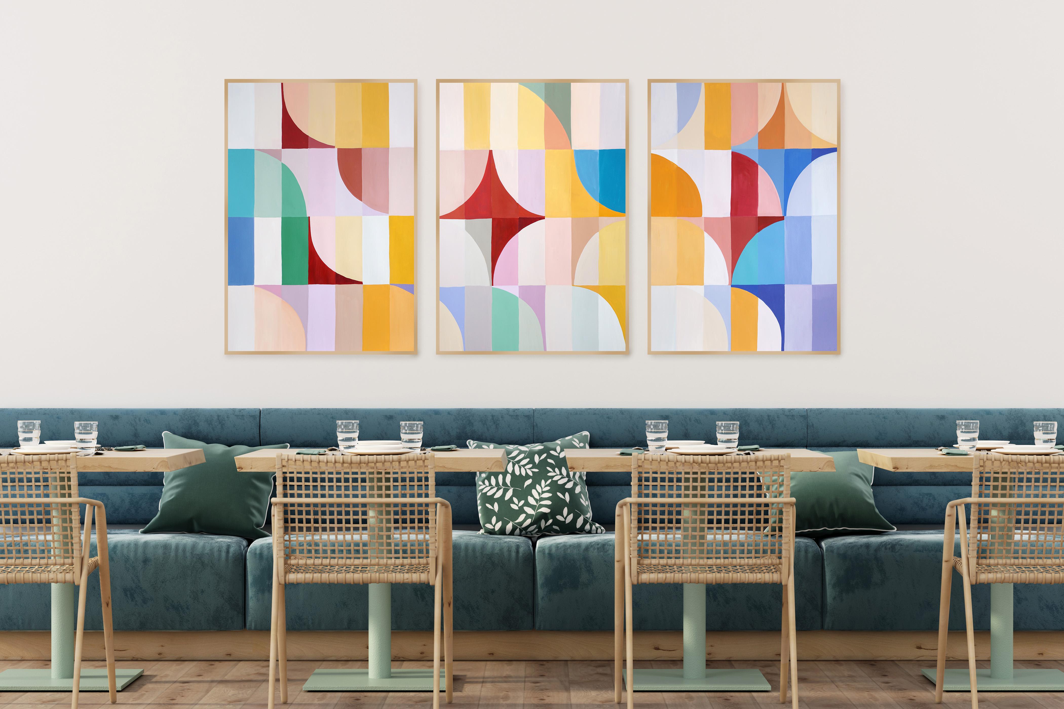 Red Poppy Season, Geometric Flowers in Vivid Tones, Painting Triptych, Tiles 4
