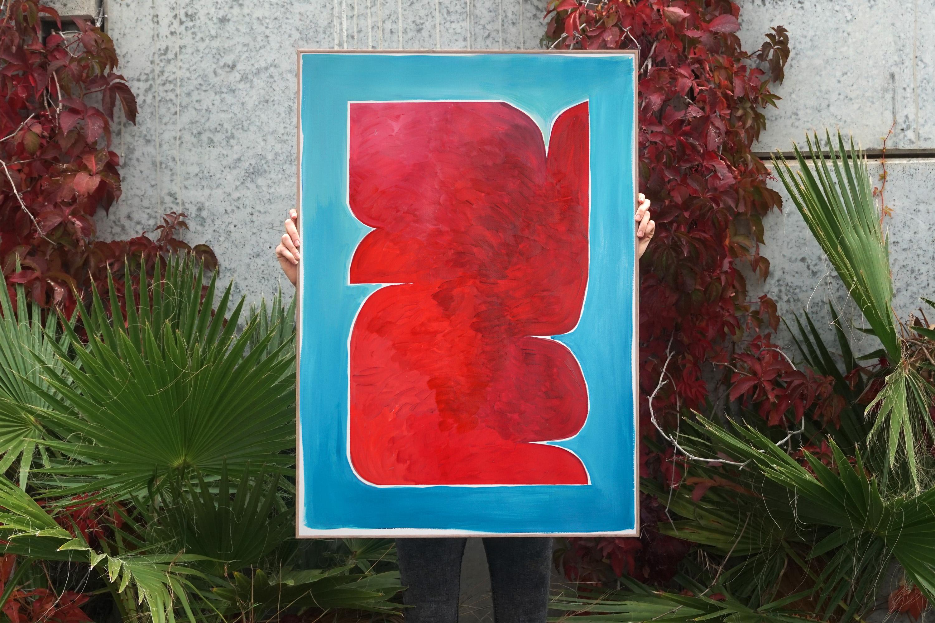Red Sculptural Contours on Blue, Abstract Tribal Silhouette, Organic Monolith  - Cubist Painting by Natalia Roman