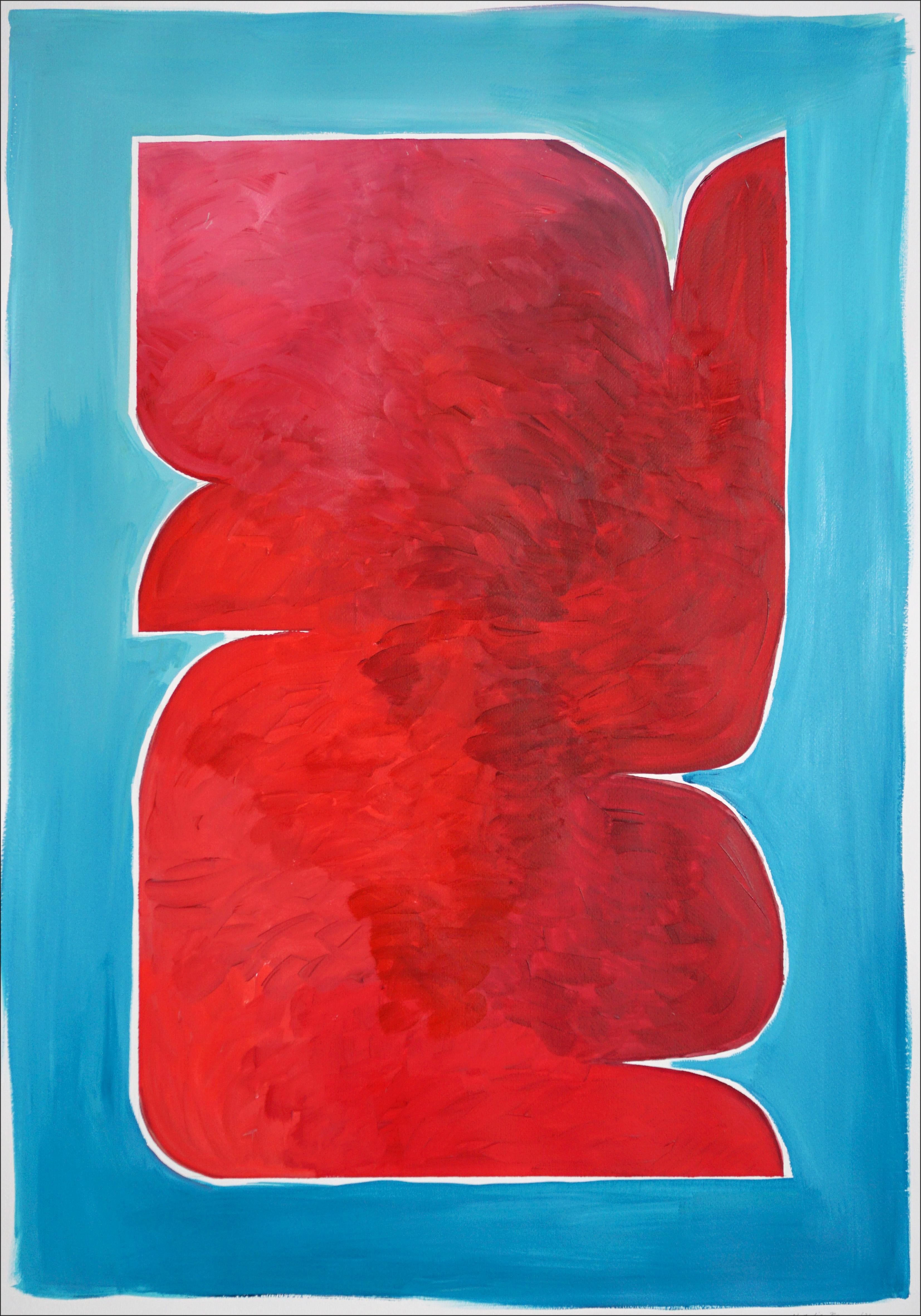 Natalia Roman Figurative Painting - Red Sculptural Contours on Blue, Abstract Tribal Silhouette, Organic Monolith 