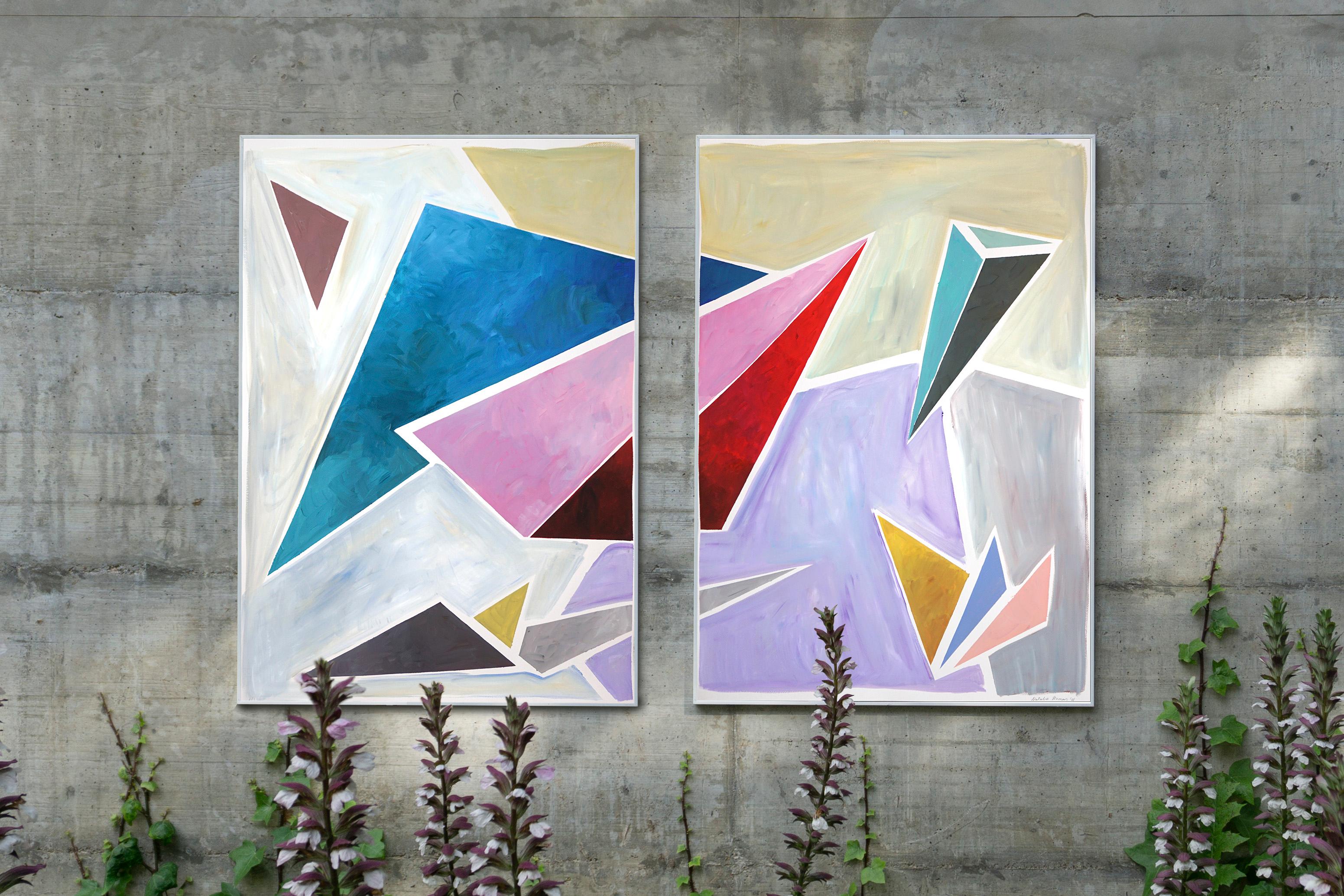 Retro Futuristic Angle Ensemble, Constructivist Painting Diptych in Pastel Tones 1