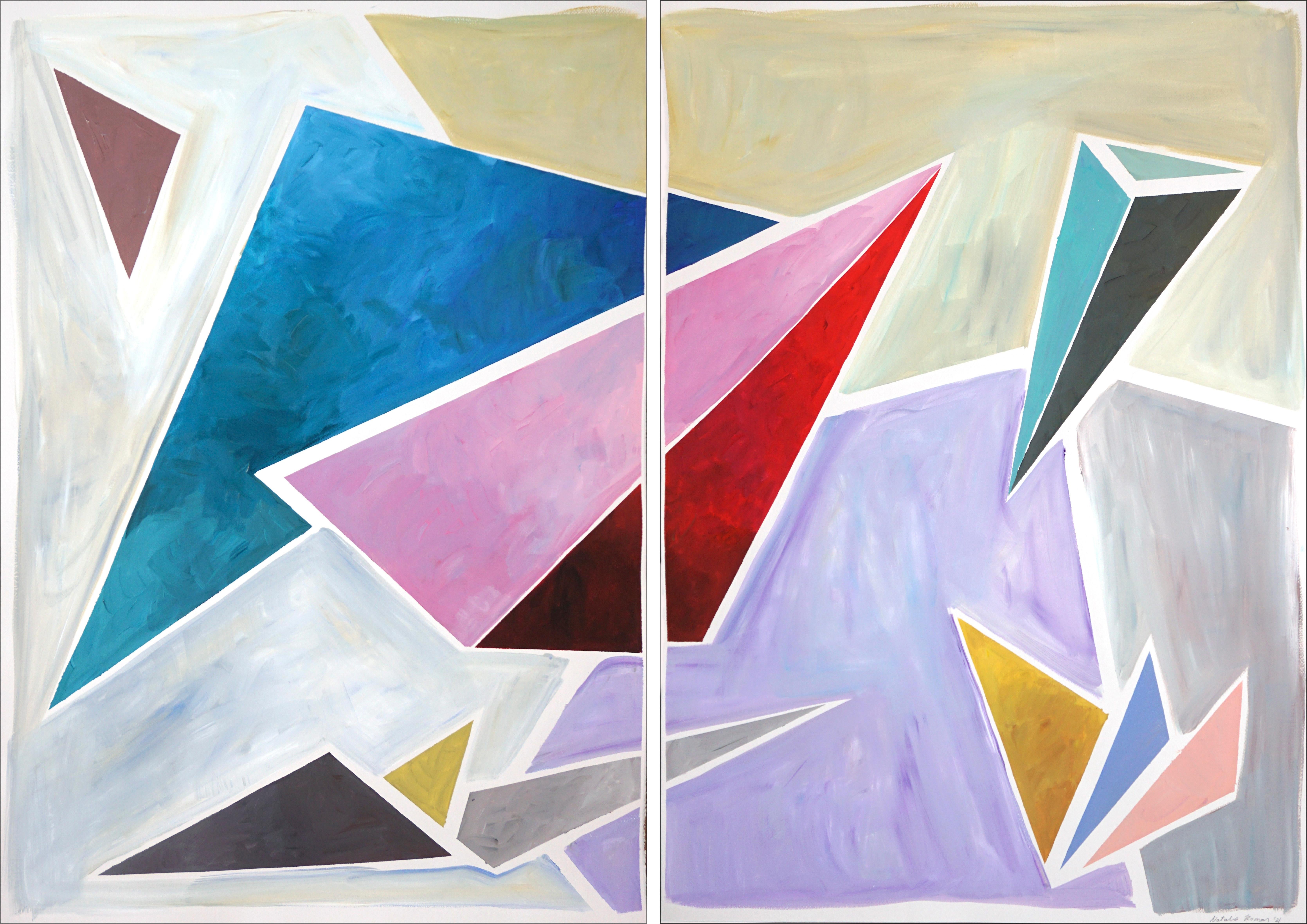 Retro Futuristic Angle Ensemble, Constructivist Painting Diptych in Pastel Tones