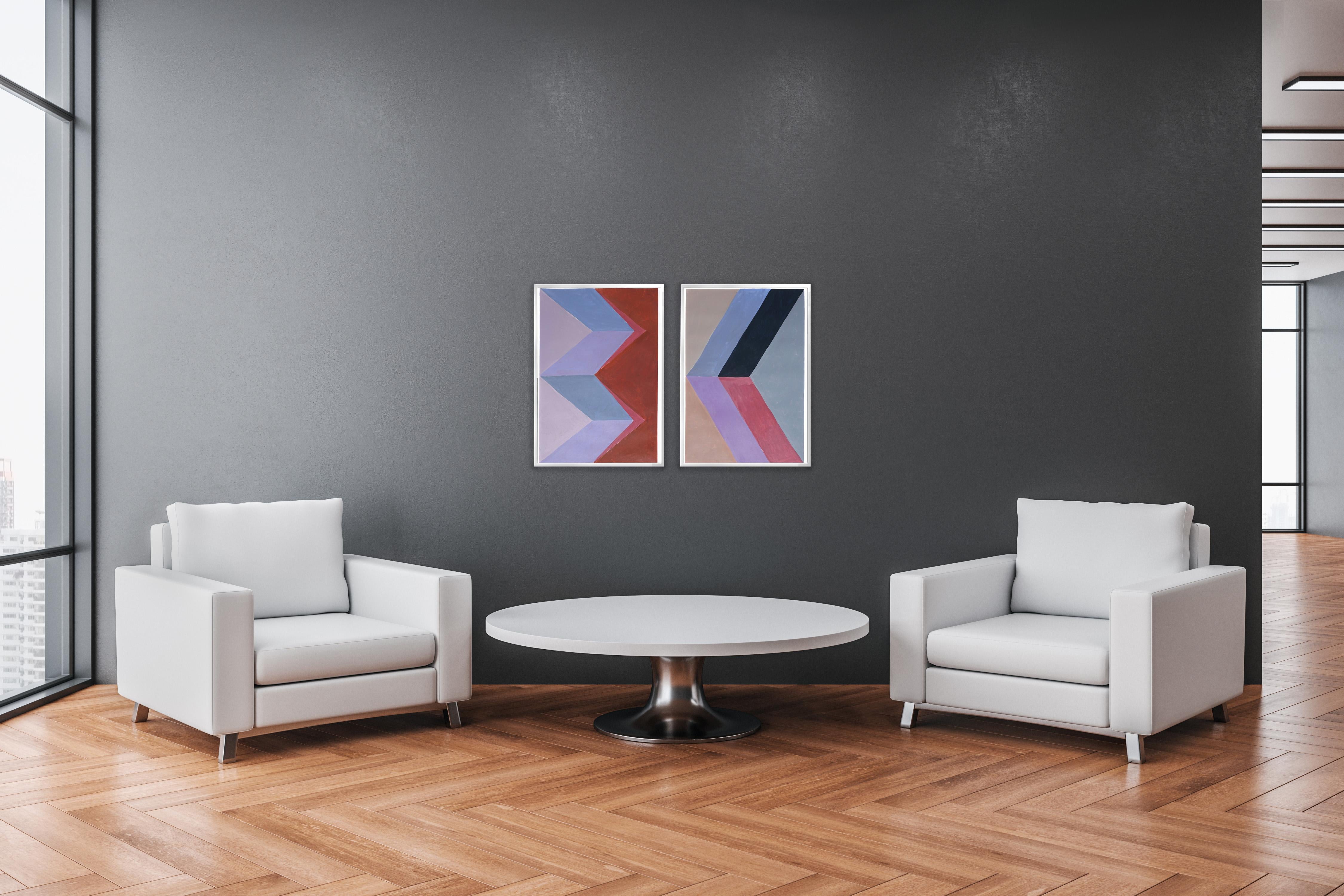 Étude Rhombus, géométrie brutaliste aux tons pastel, gris, bleu, PInk, Diptyque - Cubisme analytique Painting par Natalia Roman