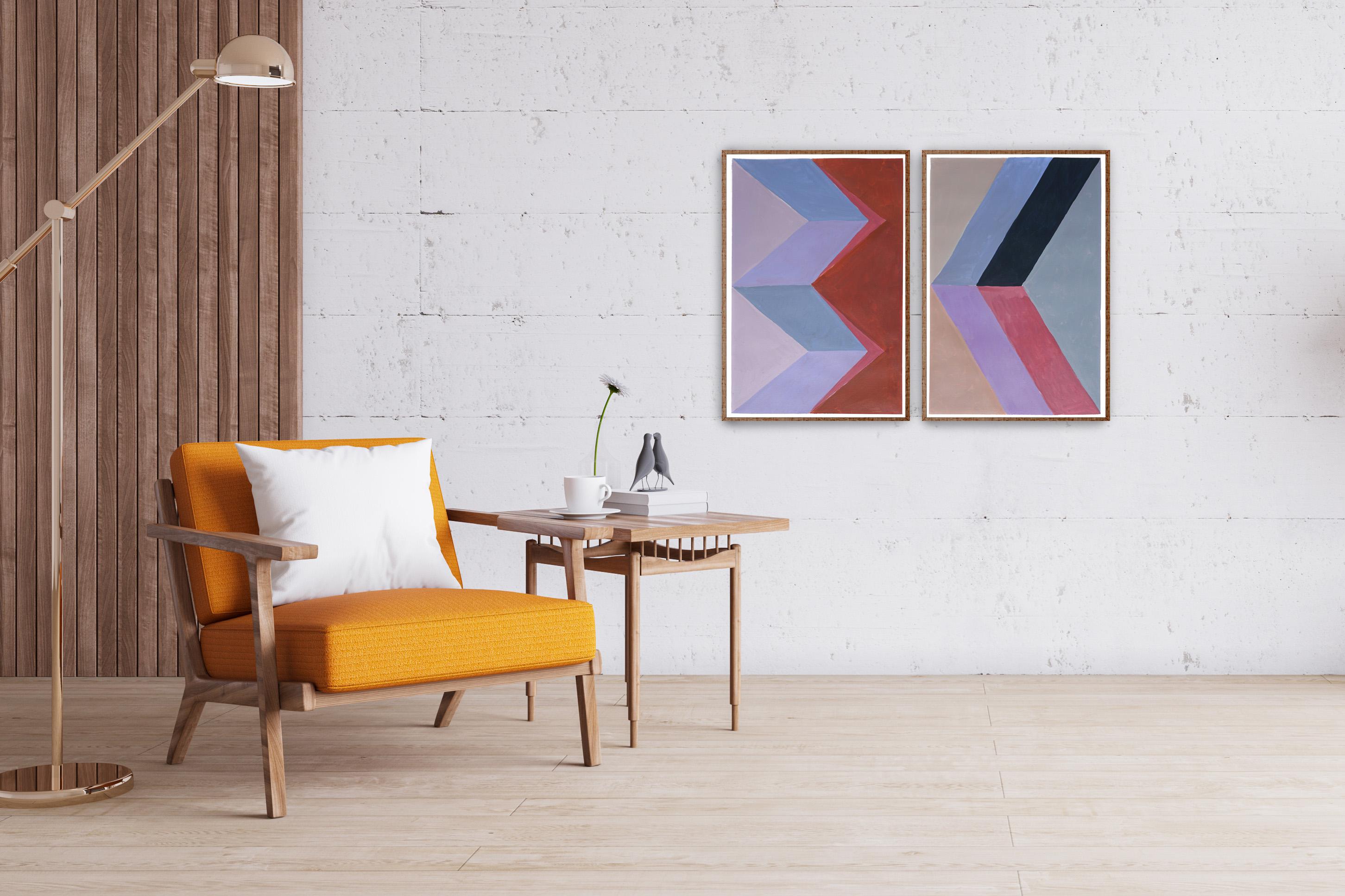 Rhombus Color Study, Pastel Tones Brutalist Geometry, Gray, Blue, PInk, Diptych  - Bauhaus Painting by Natalia Roman