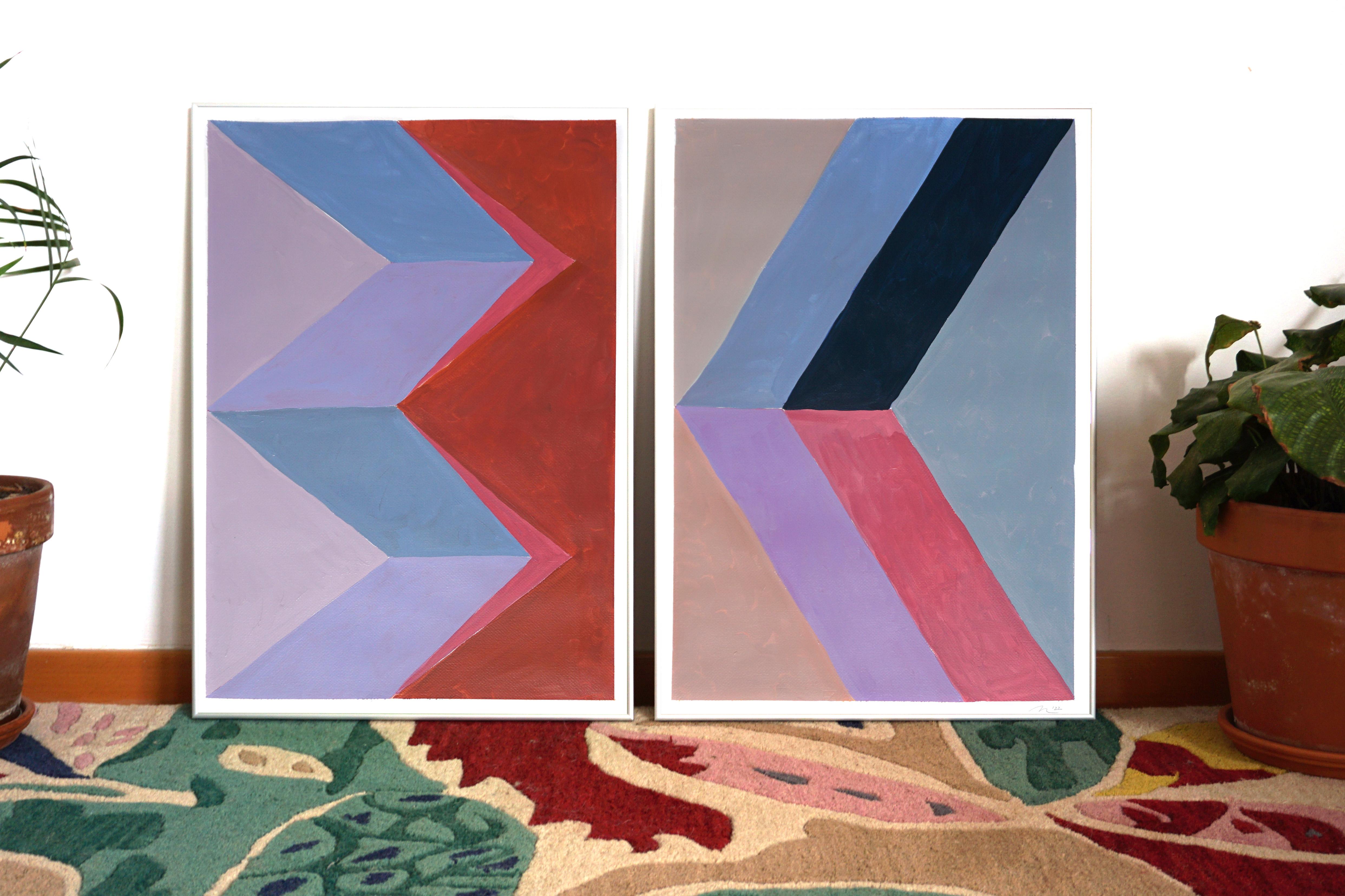 Rhombus Color Study, Pastel Tones Brutalist Geometry, Gray, Blue, PInk, Diptych  For Sale 2