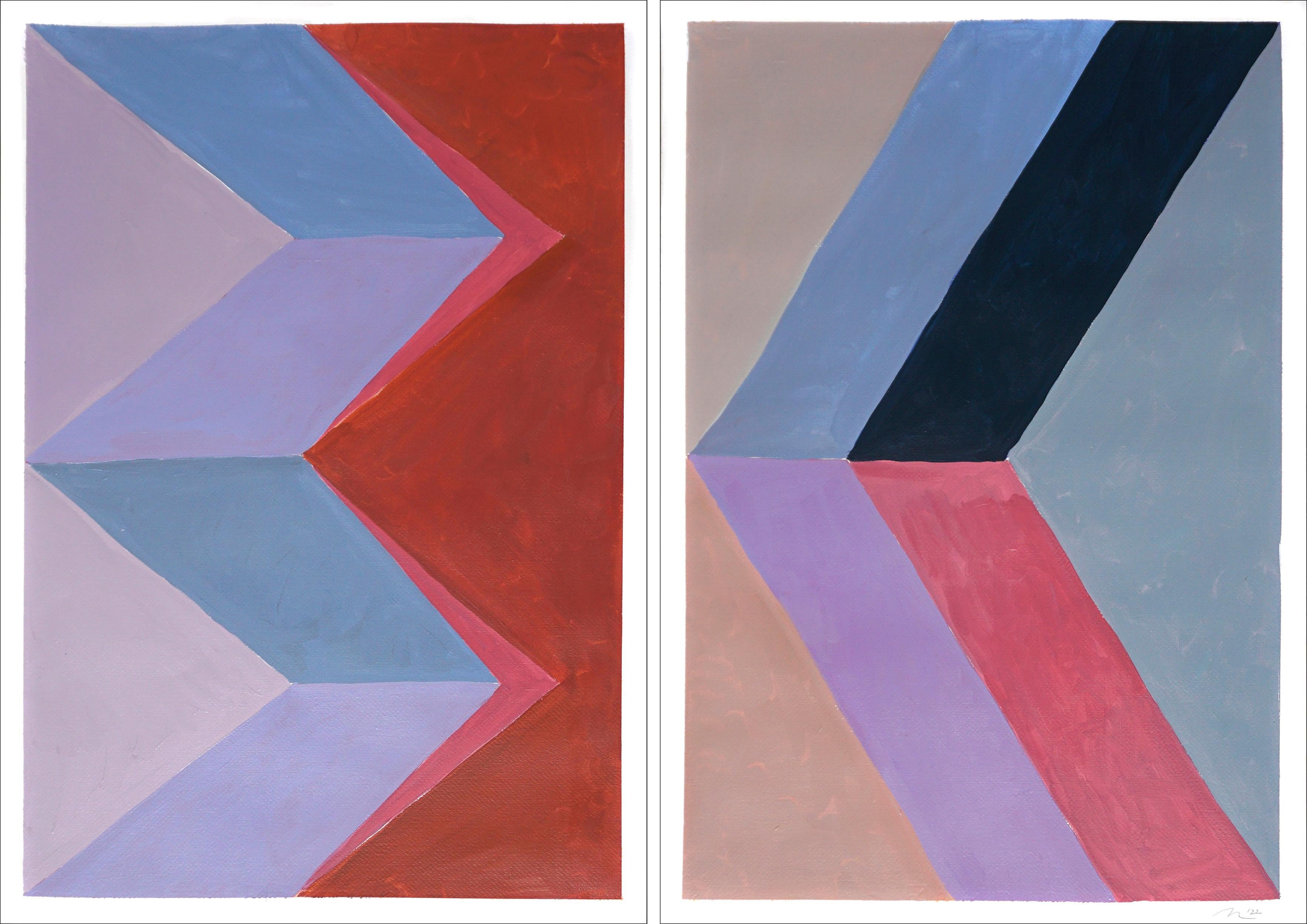 Natalia Roman Abstract Painting - Rhombus Color Study, Pastel Tones Brutalist Geometry, Gray, Blue, PInk, Diptych 
