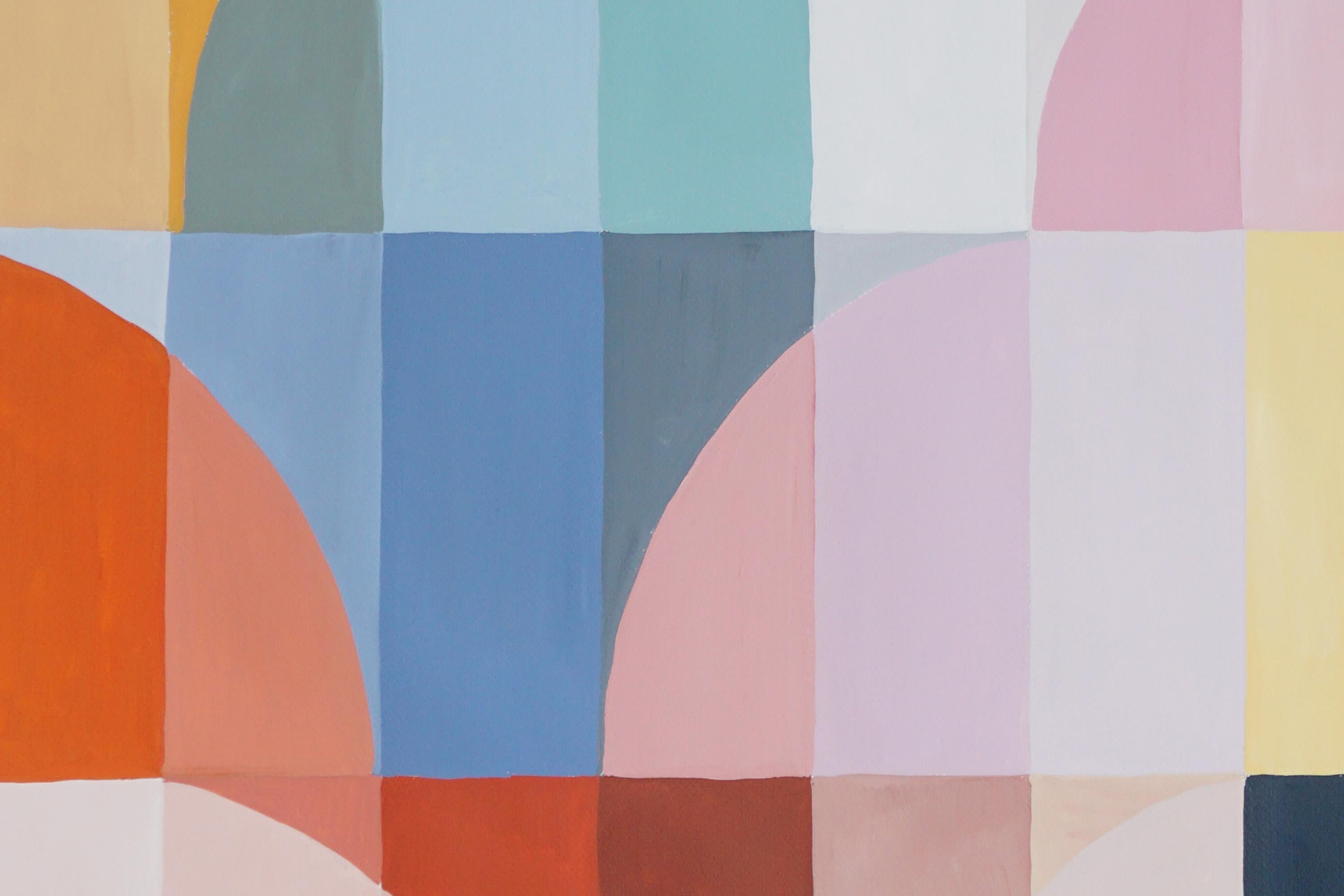 Rolling Hills of Spring, Vivid Tones Geometric Landscape Grid, Gelb, Rot, Blau (Bauhaus), Painting, von Natalia Roman
