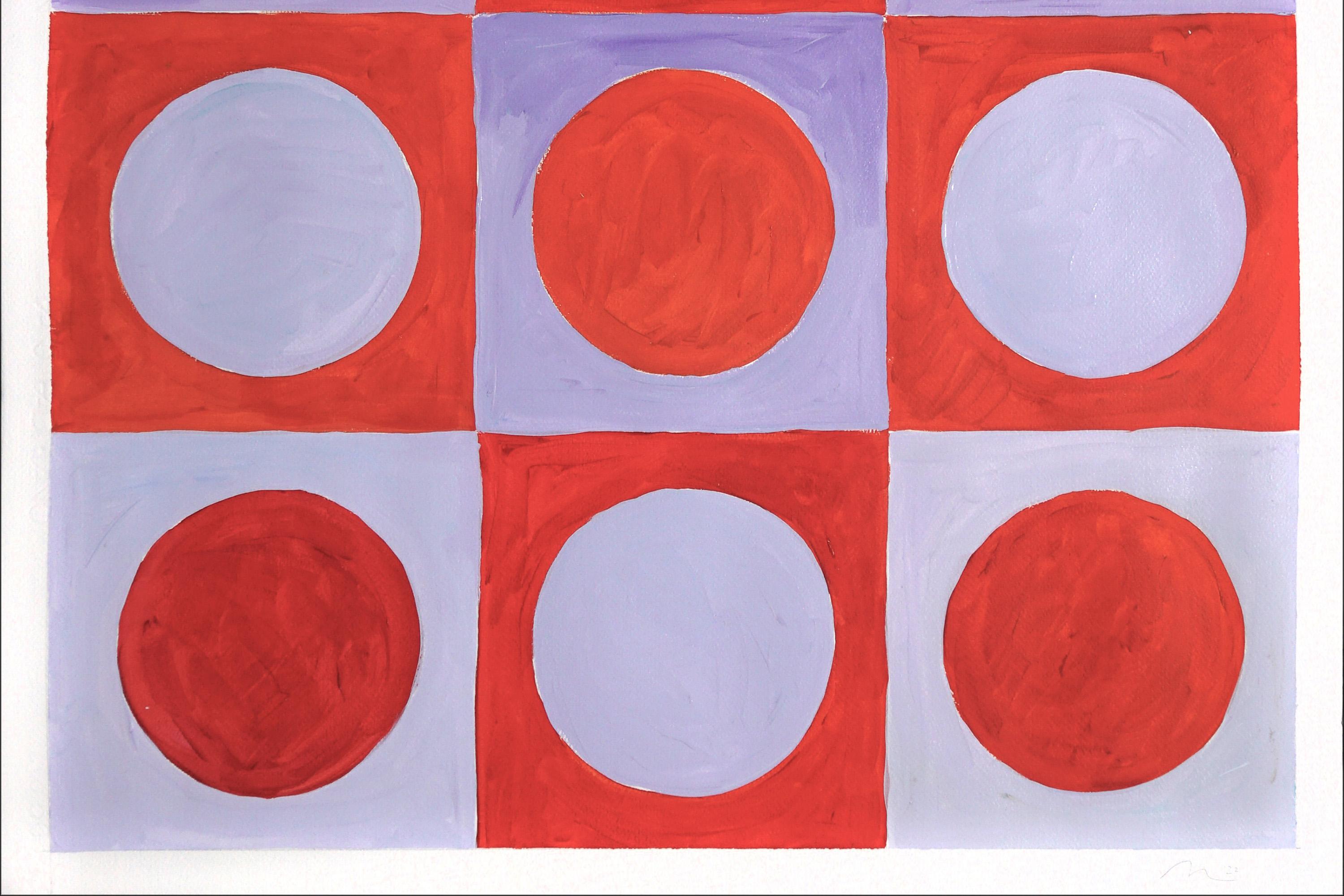 Royal Violet Checkers, Red Ruby Circles and Squares, Bauhaus Tile Pattern, Paper - Purple Abstract Painting by Natalia Roman