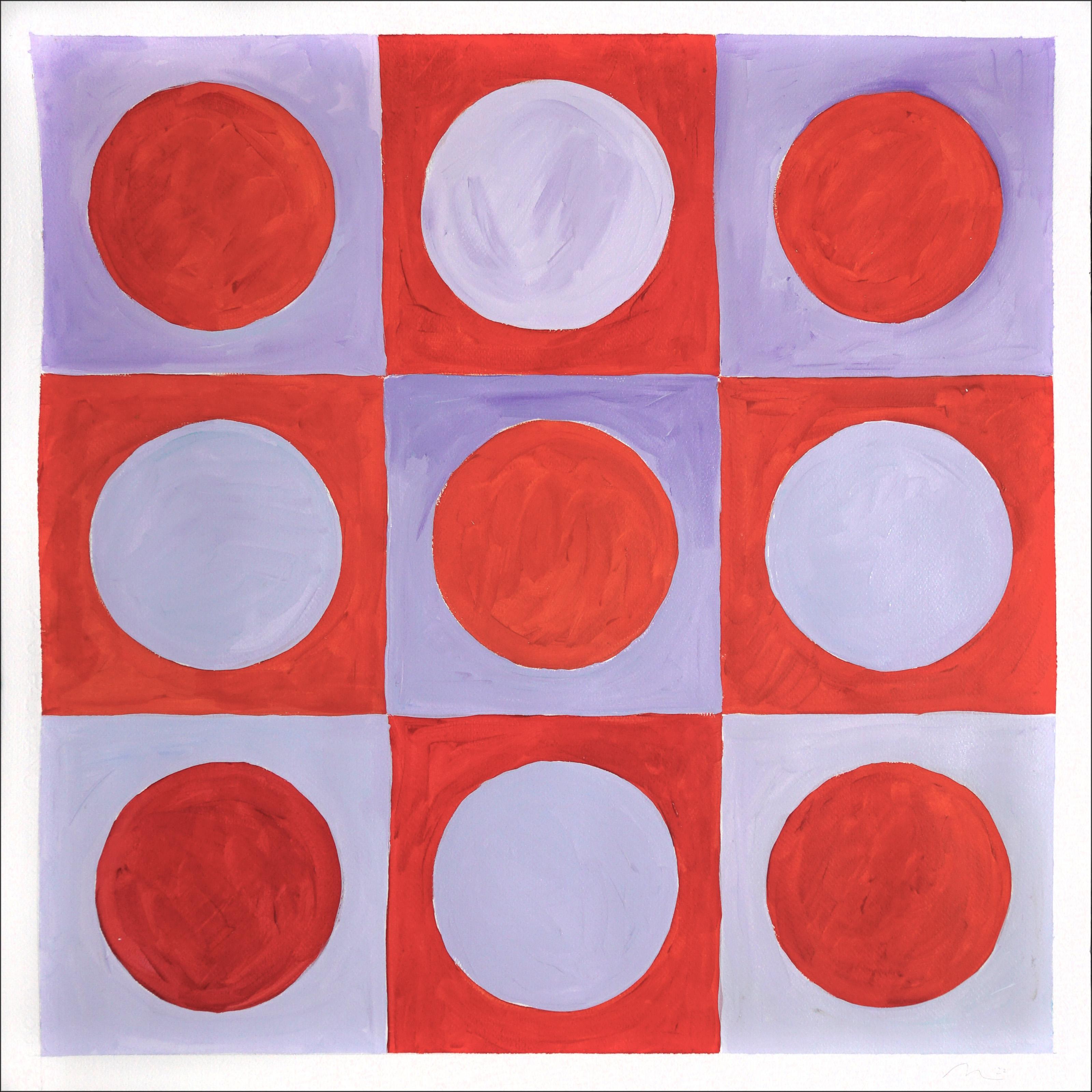 Natalia Roman Abstract Painting - Royal Violet Checkers, Red Ruby Circles and Squares, Bauhaus Tile Pattern, Paper