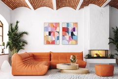 Sakura Flower Fields Mosaic, Vivid Tones Large Diptych, Red, Pink, Cream Bauhaus