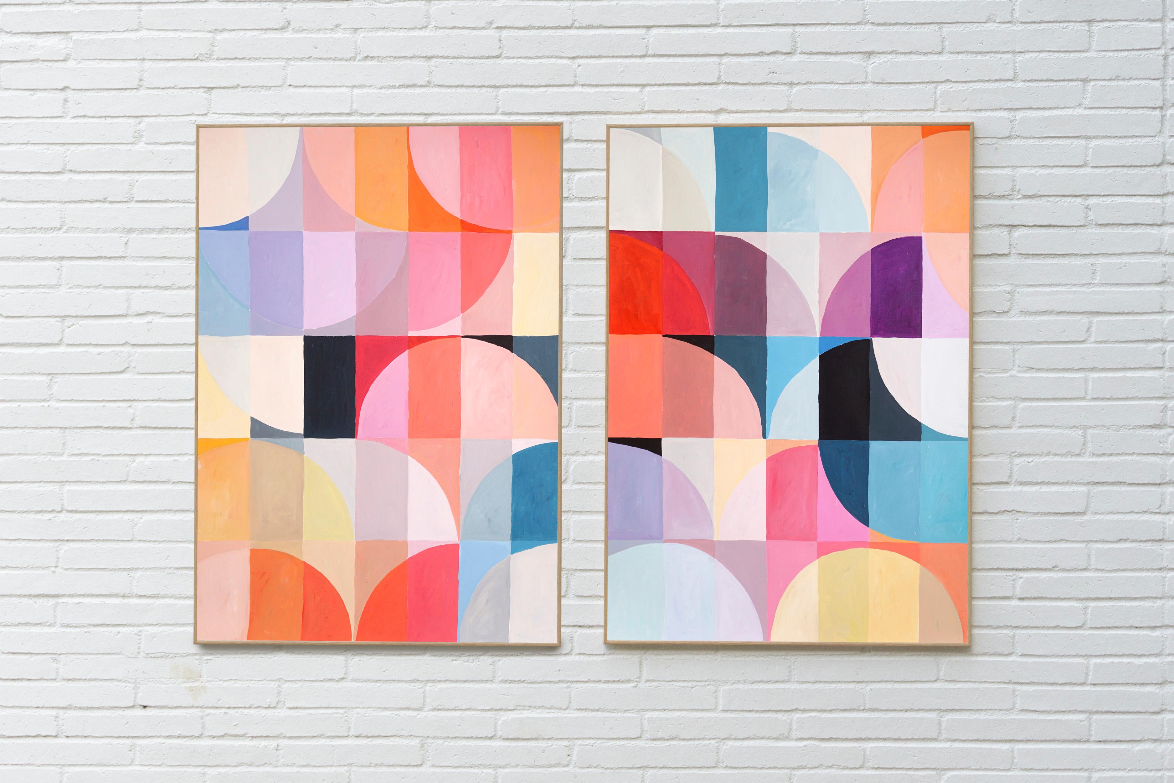 Mosaico di campi di fiori Sakura, dittico di grandi dimensioni dai toni vivaci, rosso, rosa, crema Bauhaus - Landscape Painting Beige di Natalia Roman