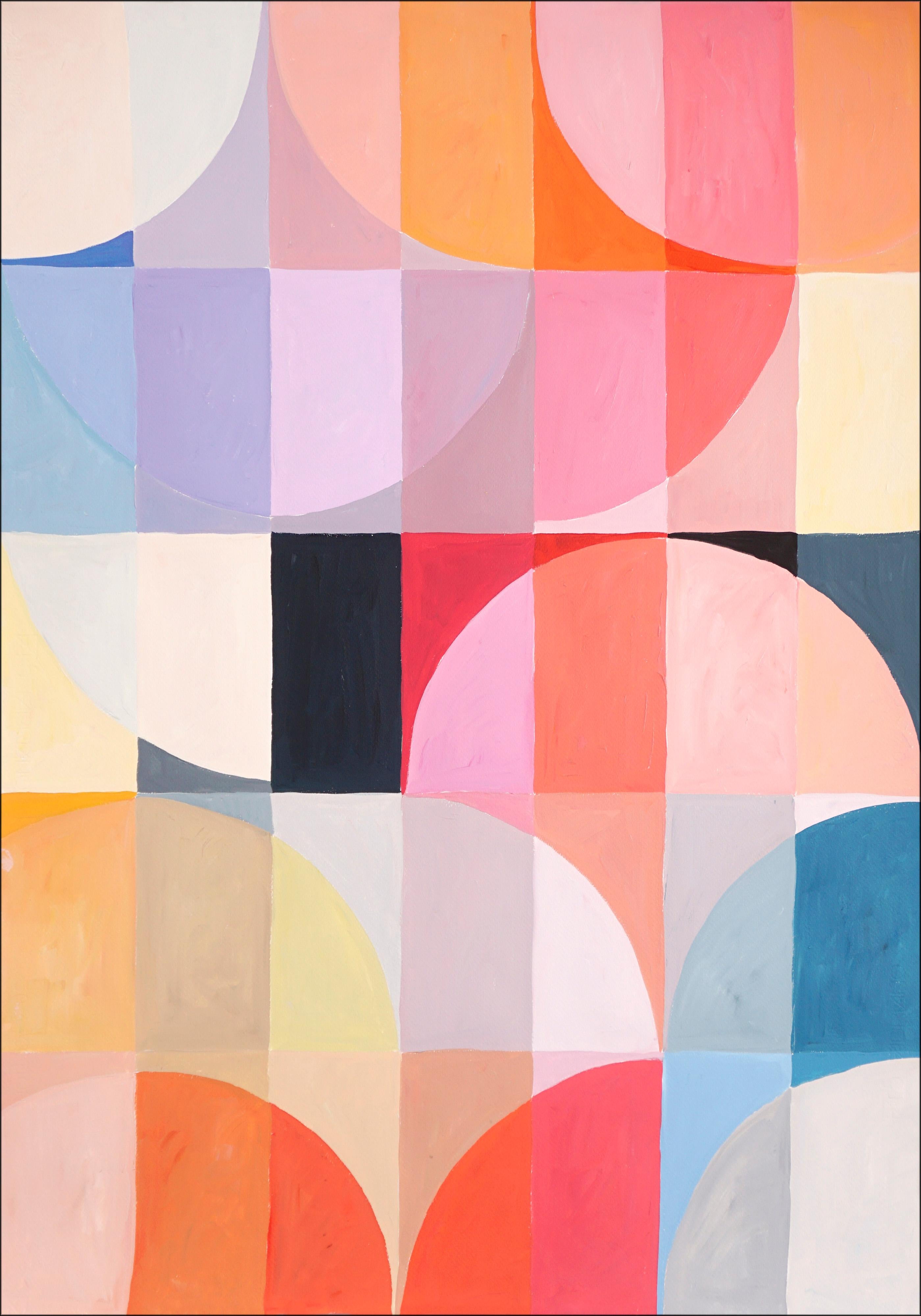 Questo quadro geometrico astratto in acrilico è una composizione vivace e giocosa che trae ispirazione dagli ombrellini italiani vintage. Con un'attenzione particolare ai colori vivaci e brillanti e alle linee pulite, il dipinto presenta forme e