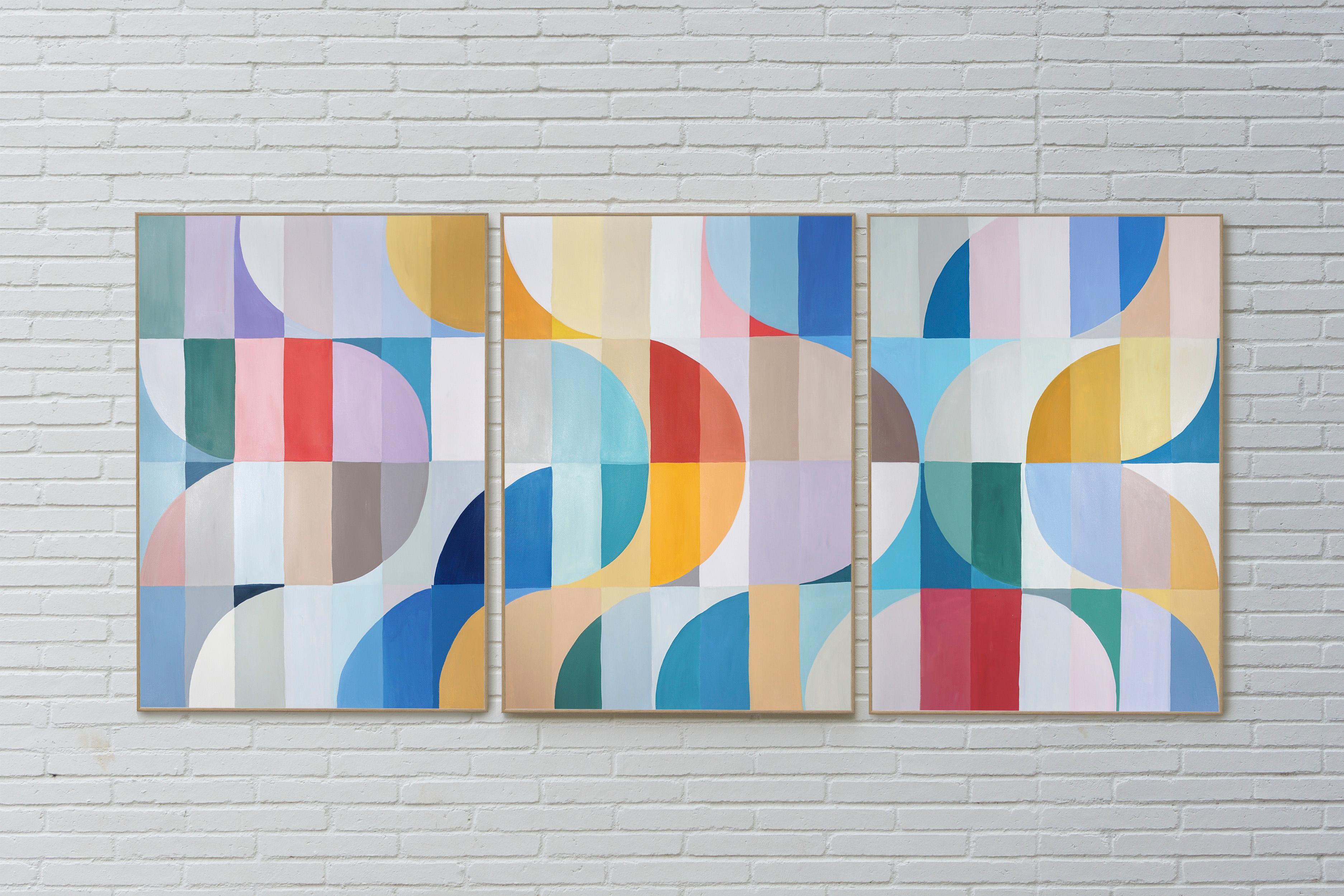 Curve di San Remo, Trittico di toni primari, Curve a ombrello e archi su carta - Painting di Natalia Roman