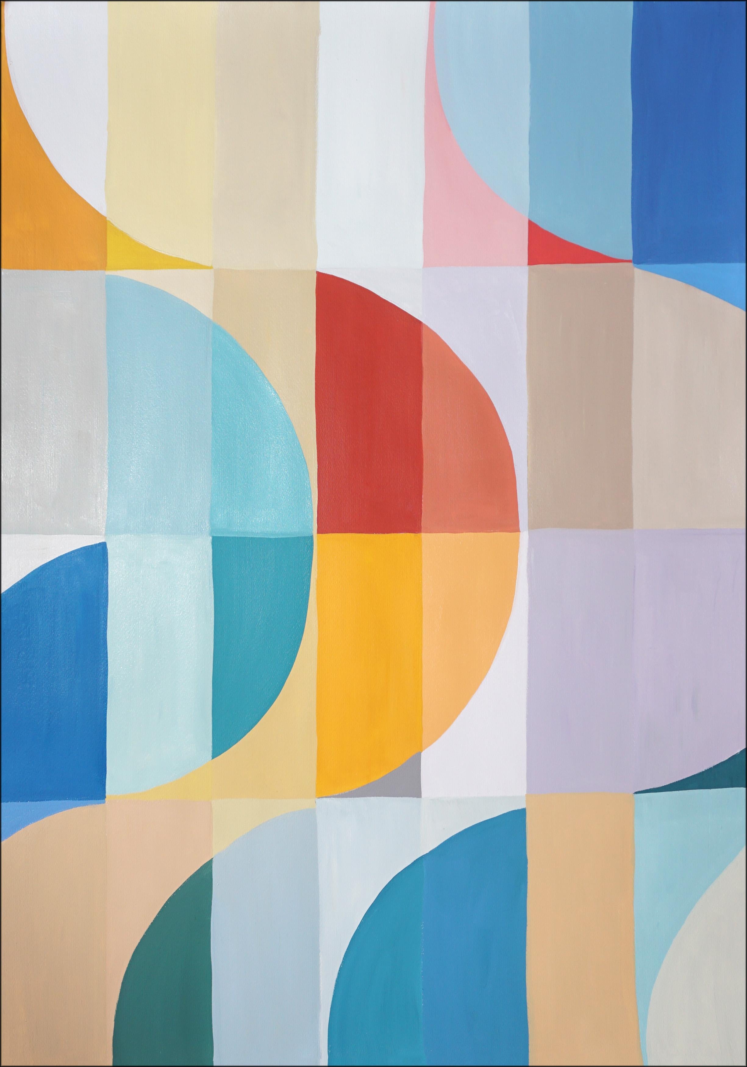 This series of abstract geometric paintings by Natalia Roman draws its inspiration from the sleek grids and curves of Bauhaus architecture, while at the same time exploring bright and pastel color variations. The arcs and curves, meticulously