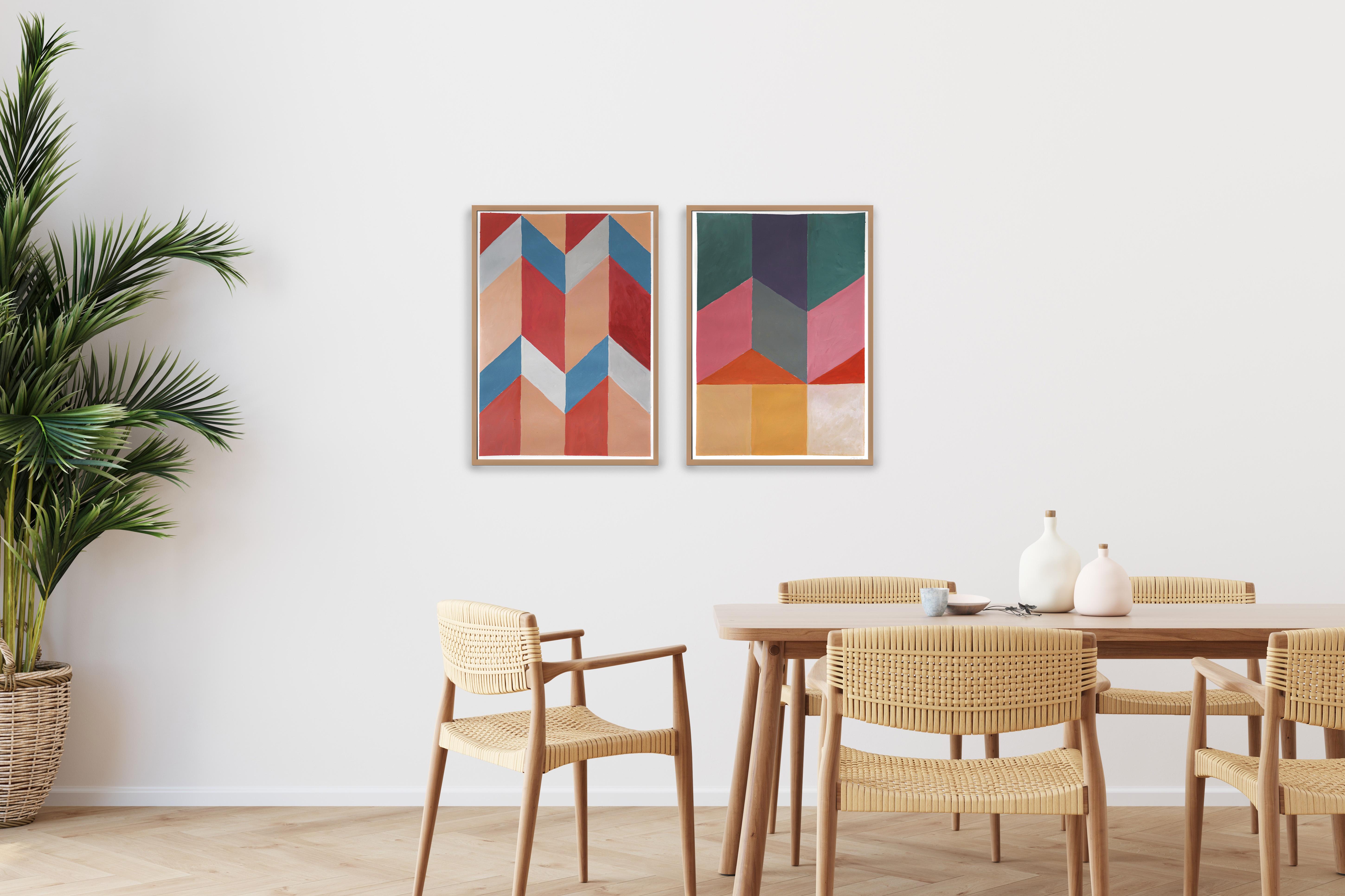 Sandy Tones Inverted Dunes, Fractal Geometric Diptych, Green Bauhaus Patterns - Painting by Natalia Roman