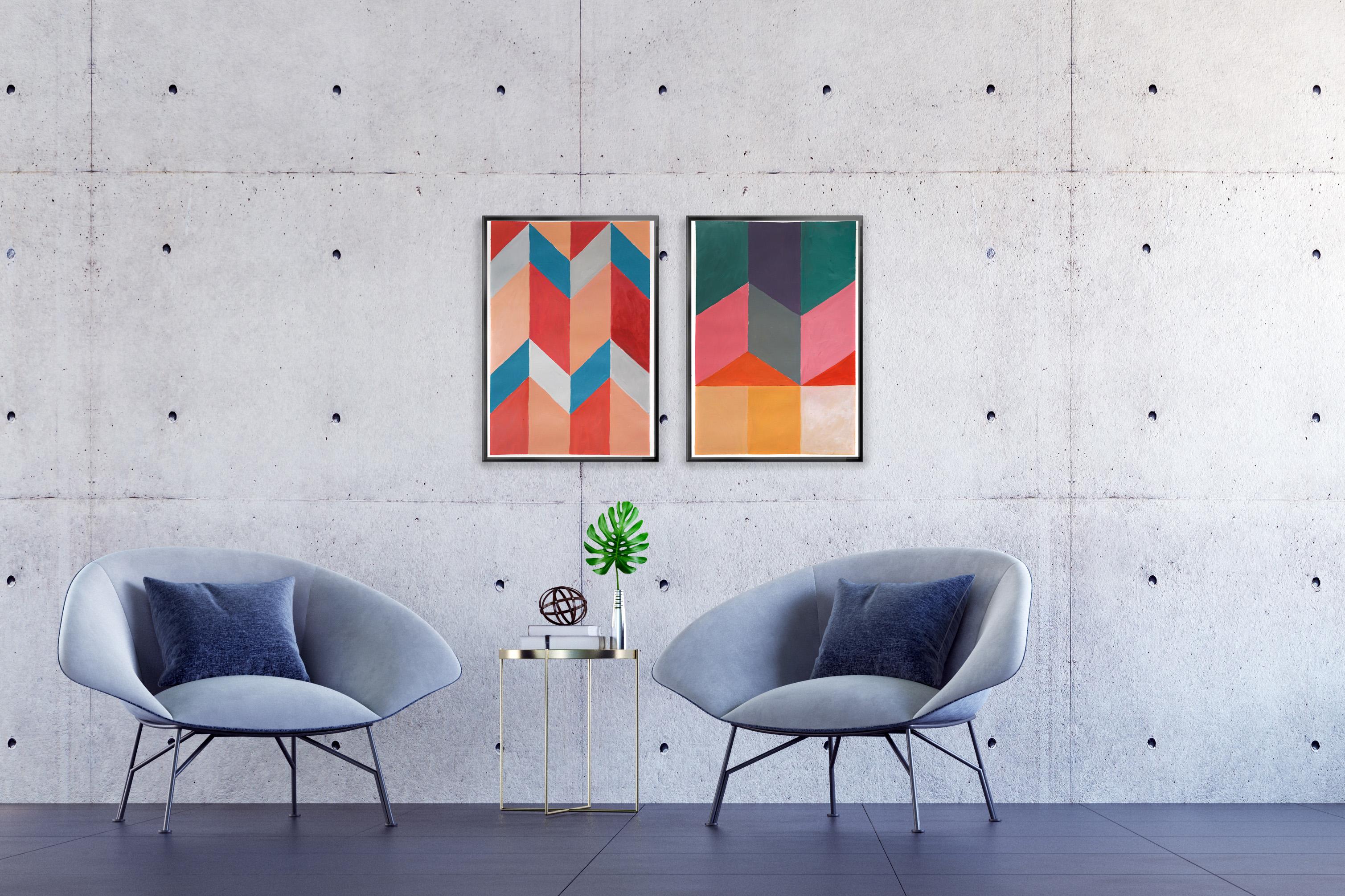 Sandy Tones Inverted Dunes, Fractal Geometric Diptych, Green Bauhaus Patterns - Orange Landscape Painting by Natalia Roman