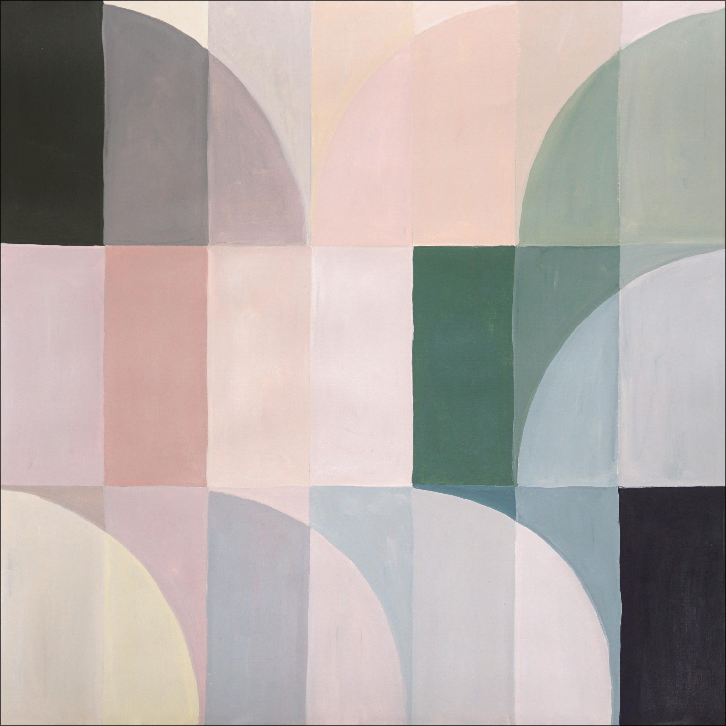 Santa Fe Oasis, Light Tones Hue Bauhaus Diptych, Geometric Landscape Pastel Grid - Abstract Geometric Painting by Natalia Roman