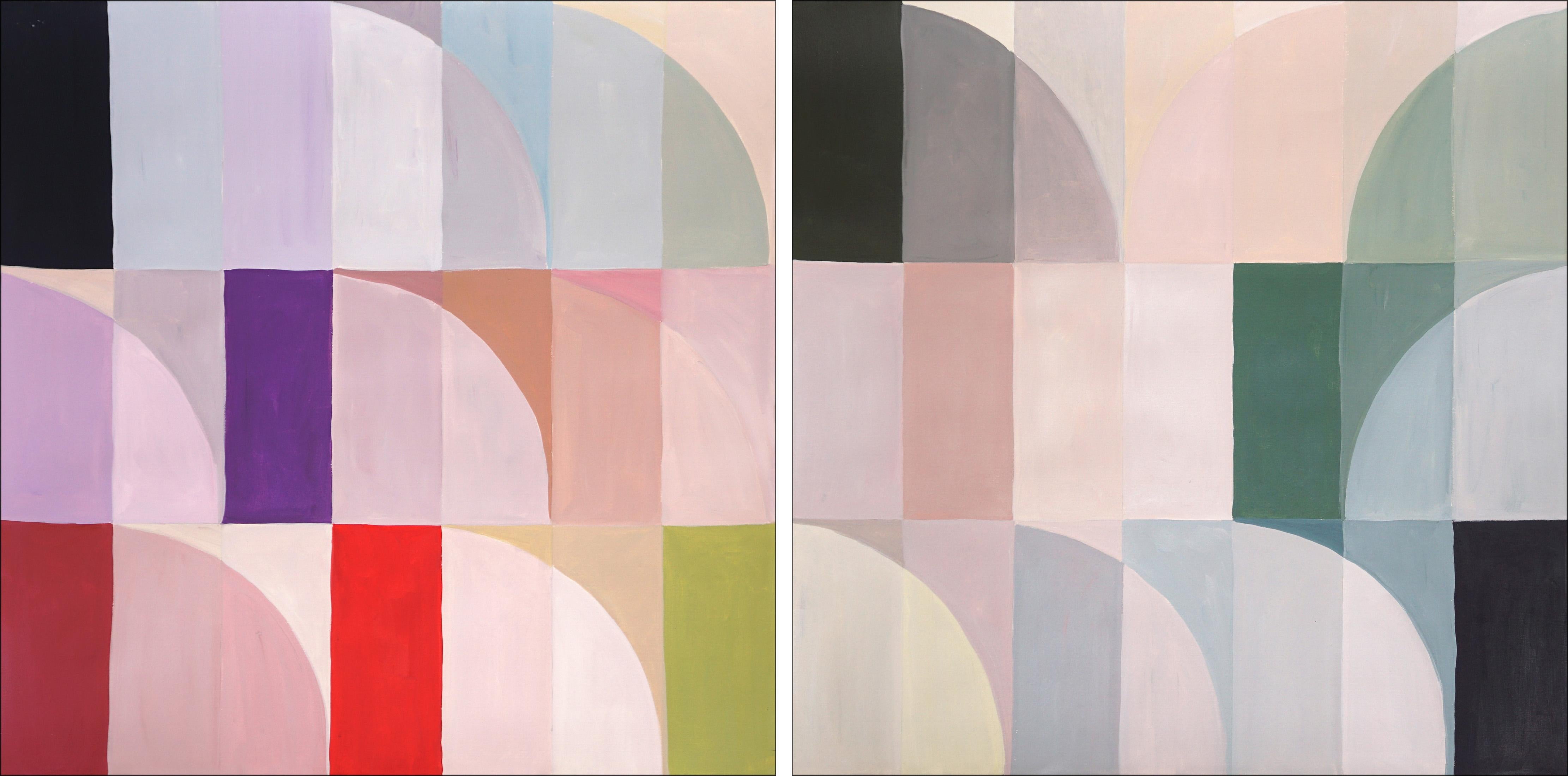 Natalia Roman Abstract Painting - Santa Fe Oasis, Light Tones Hue Bauhaus Diptych, Geometric Landscape Pastel Grid