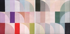 Santa Fe Oasis, Light Tones Hue Bauhaus Diptych, Geometric Landscape Pastel Grid