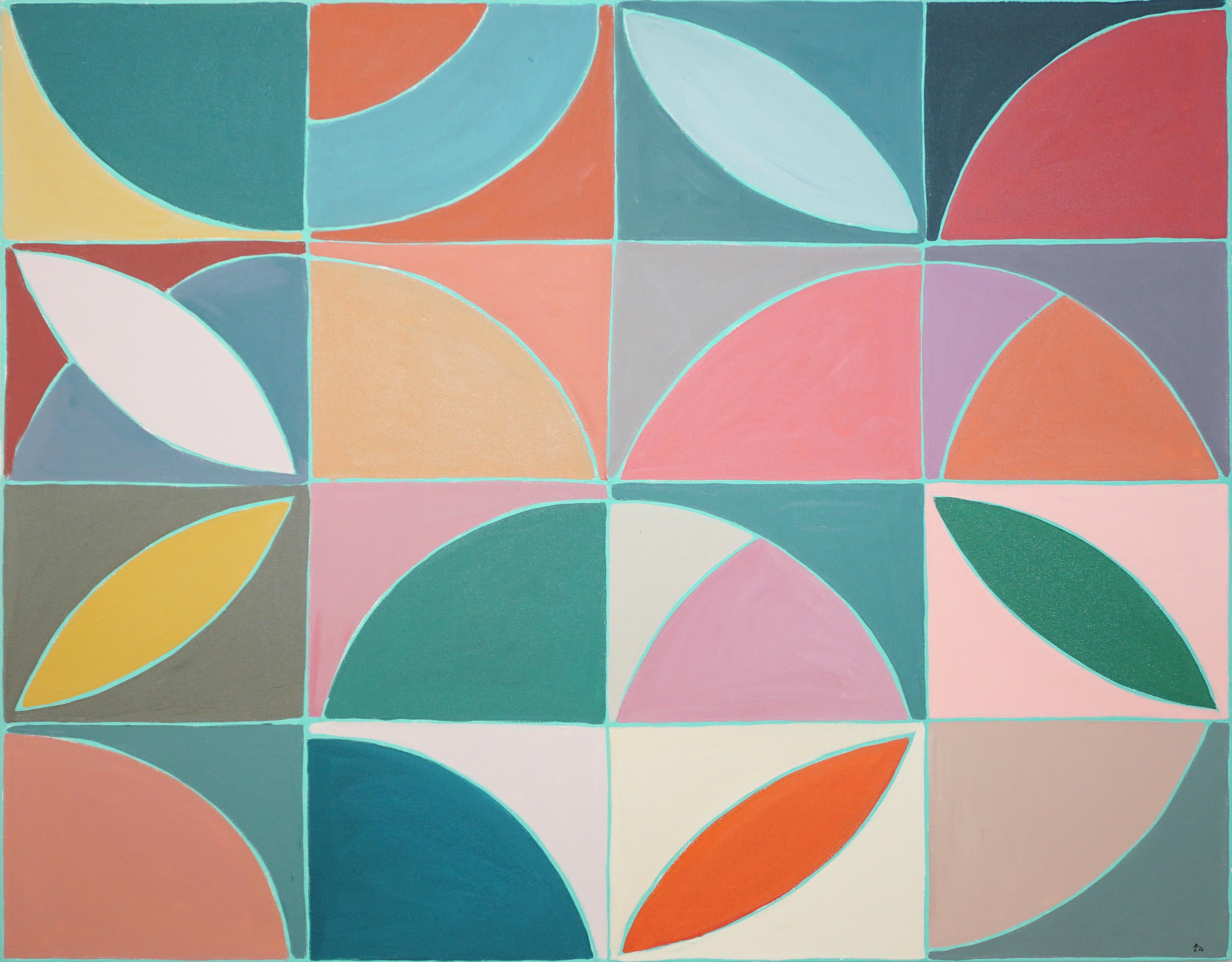 Abstract Painting de Natalia Roman - «Savannah Spring», cuadro de estilo Bauhaus en verde bosque, azulejos geométricos modernos sobre lienzo