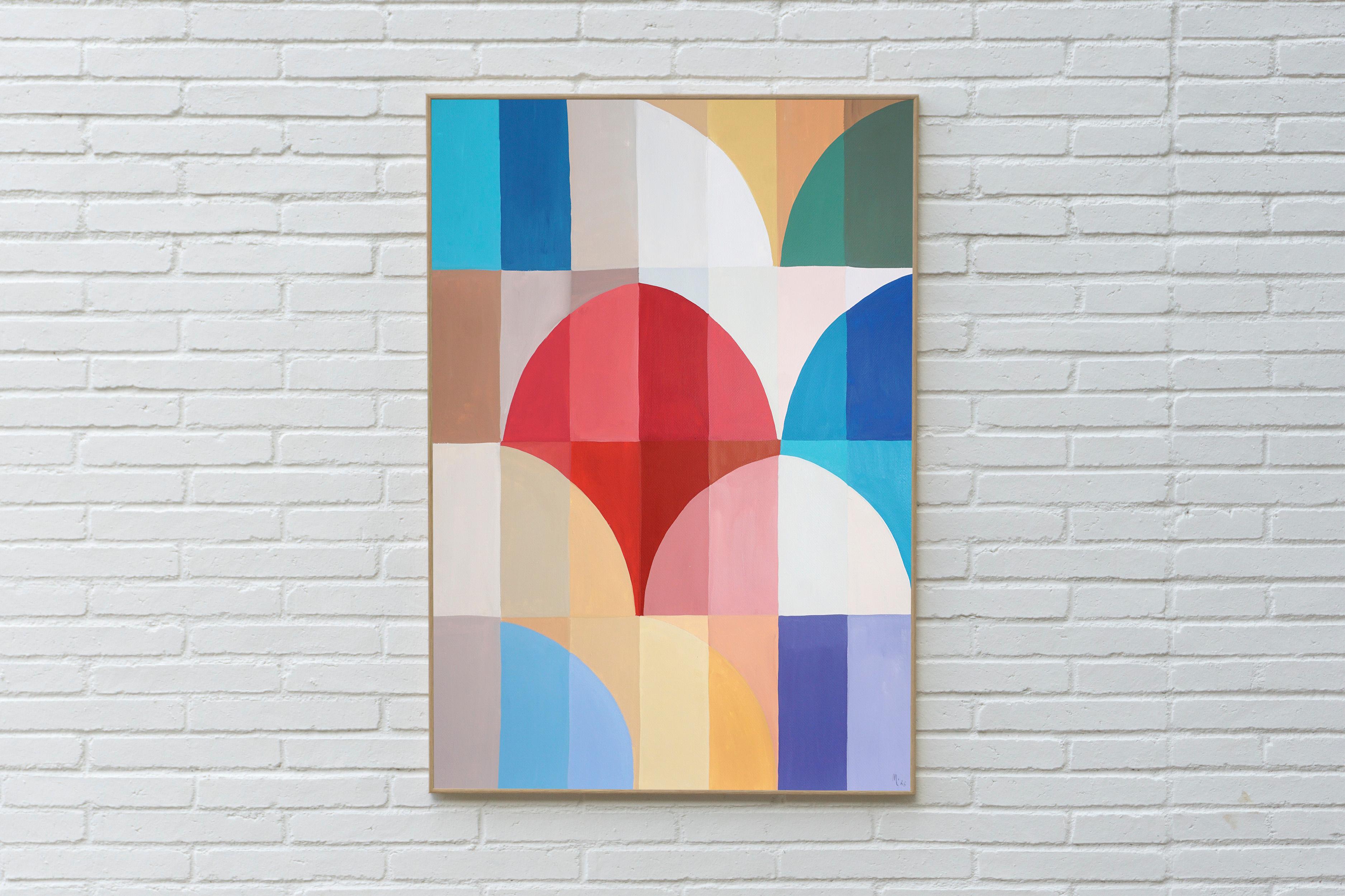 Voyage en bord de mer, peinture de paysage géométrique du Bauhaus sur papier, ballons rouges - Painting de Natalia Roman
