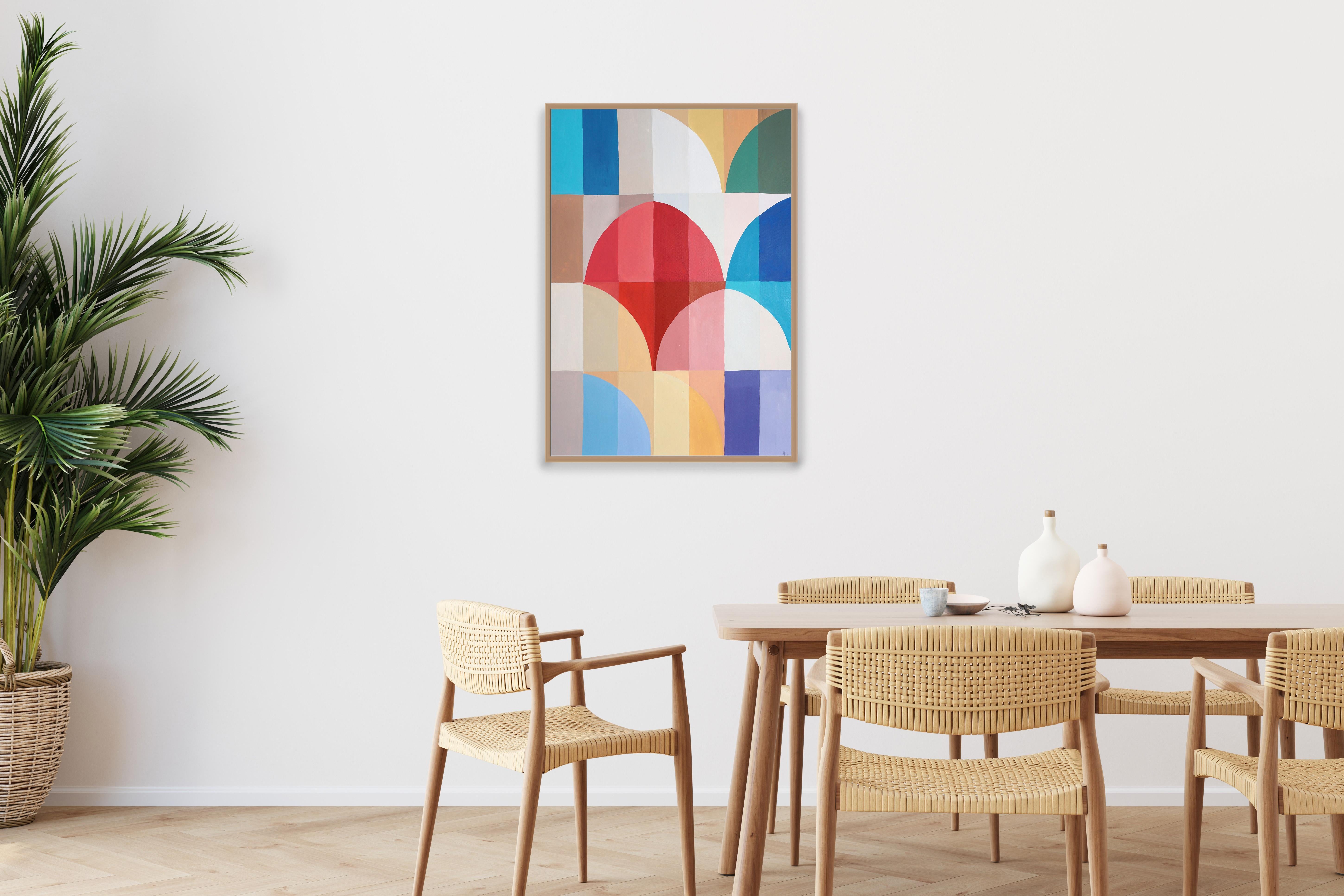 Voyage en bord de mer, peinture de paysage géométrique du Bauhaus sur papier, ballons rouges - Cubisme analytique Painting par Natalia Roman