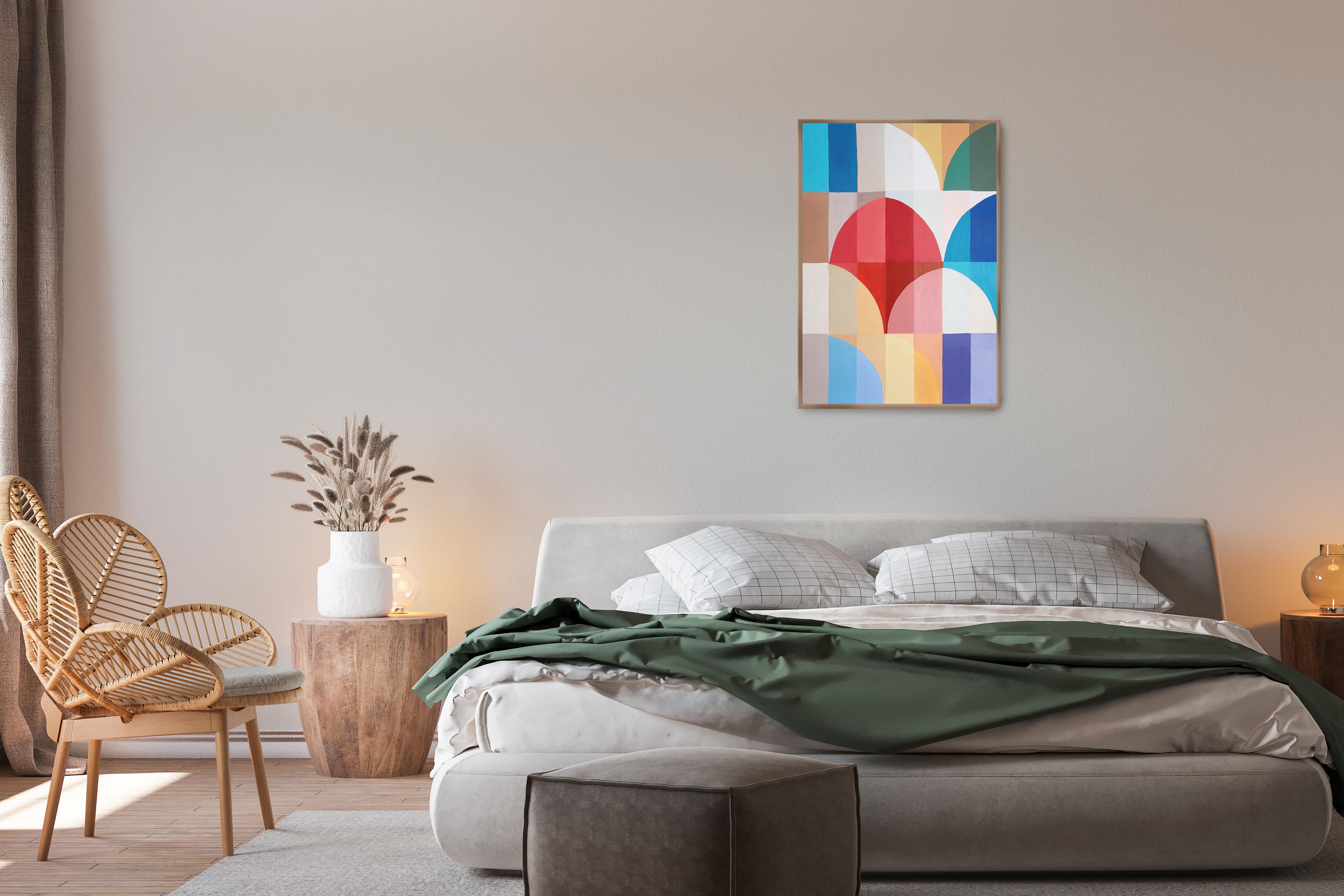 Cette série de peintures géométriques abstraites de Natalia Roman s'inspire des grilles et des courbes épurées de l'architecture du Bauhaus, tout en explorant des variations de couleurs vives et éclatantes. Les arcs et les courbes, qui se