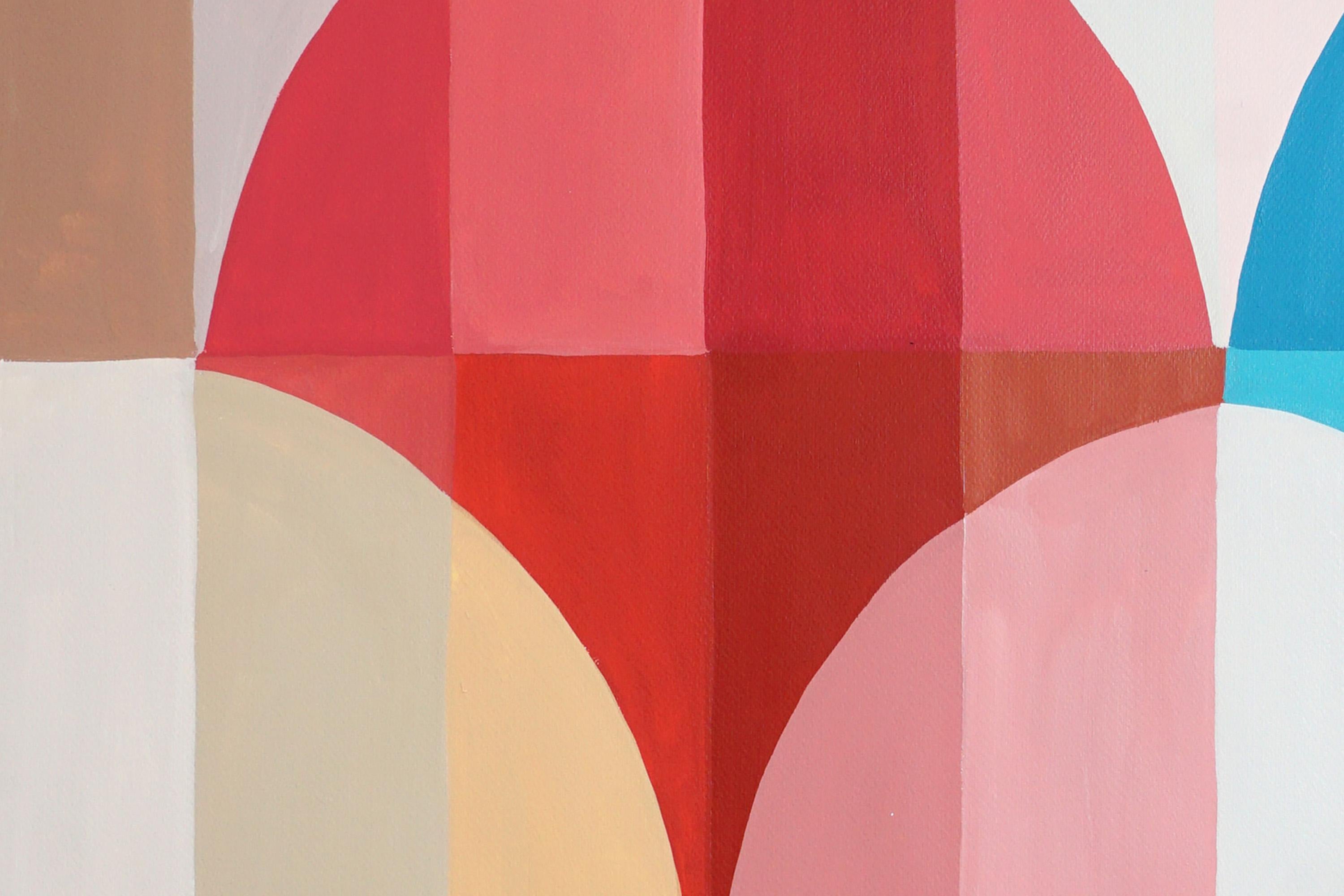 Voyage en bord de mer, peinture de paysage géométrique du Bauhaus sur papier, ballons rouges en vente 2