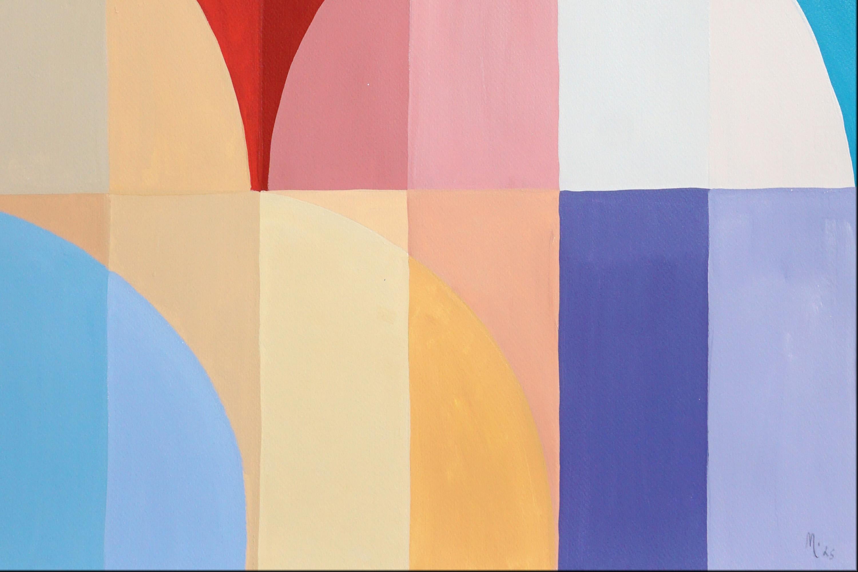Voyage en bord de mer, peinture de paysage géométrique du Bauhaus sur papier, ballons rouges en vente 3