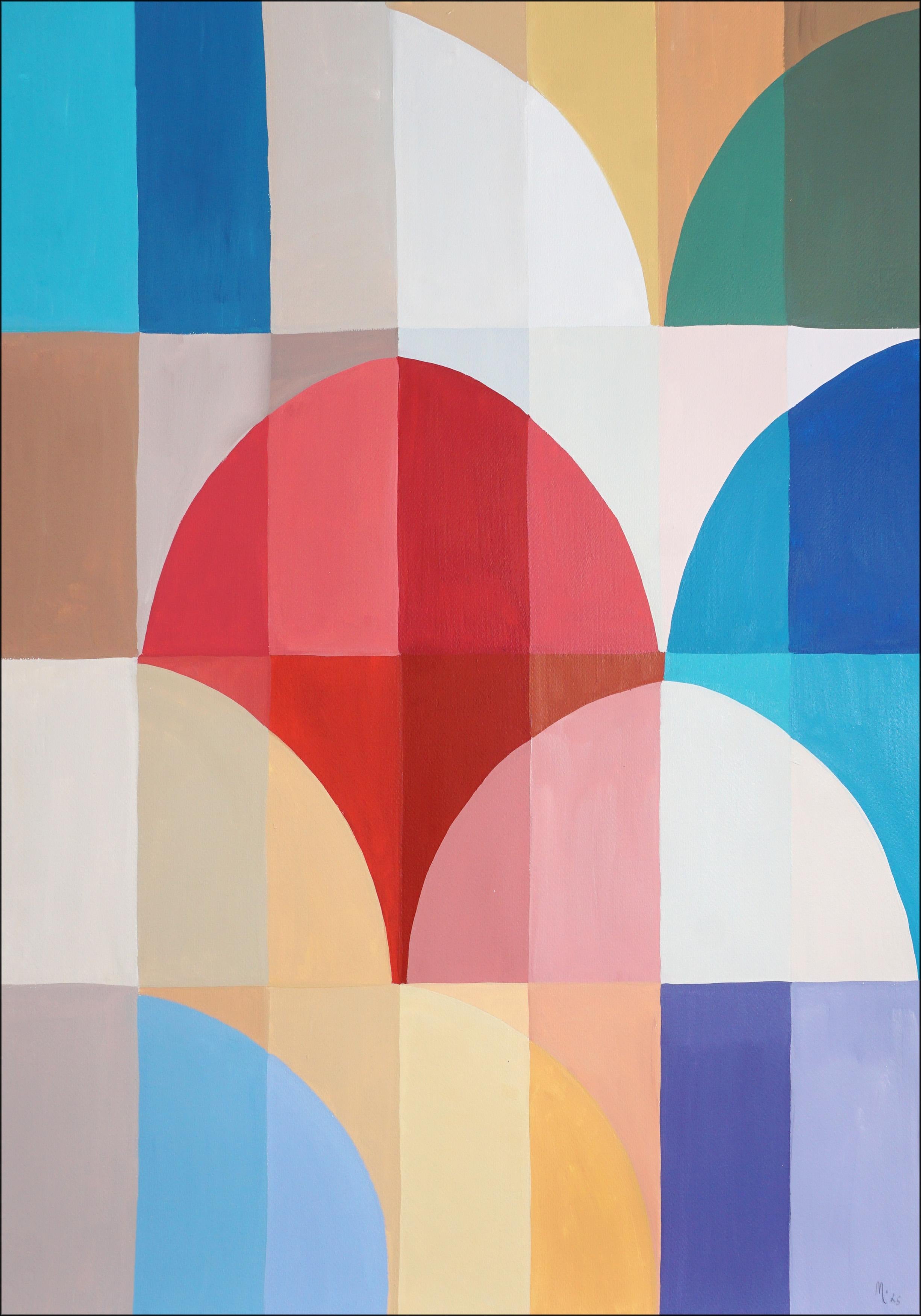 Viaggio in mare, paesaggio geometrico Bauhaus dipinto su carta, palloncini rossi