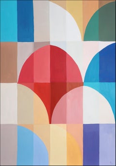 Viaggio in mare, paesaggio geometrico Bauhaus dipinto su carta, palloncini rossi