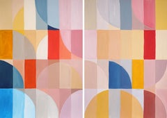 Hauttöne Mosaik, Diptychon in Rosa, Blau, Gelb Raster, Geometrische Bauhaus Kacheln