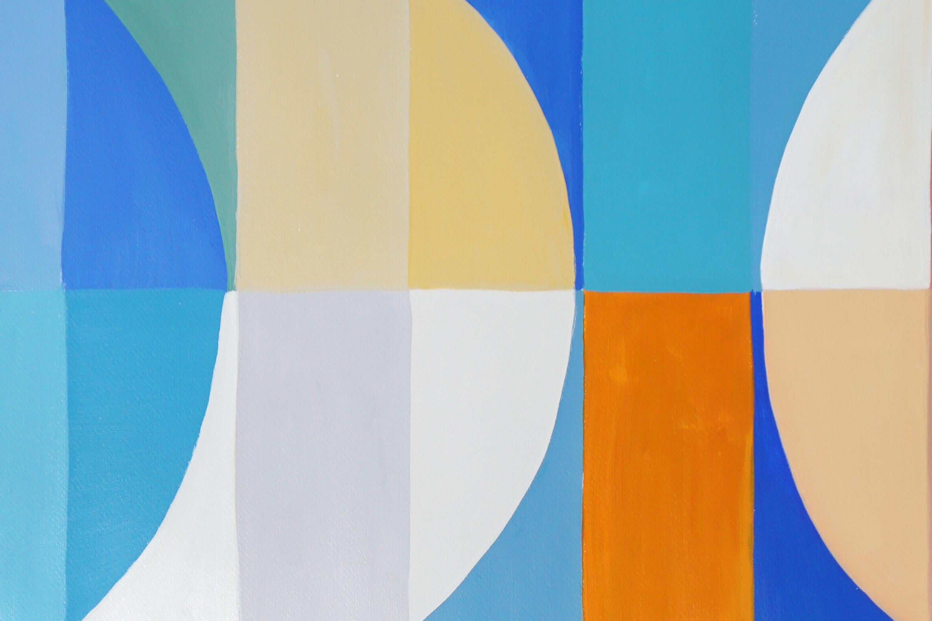 Sky Through Valley, Bauhaus Landscape, Arches and Curves, Turquoise, Yellow Moon - Beige Landscape Painting by Natalia Roman