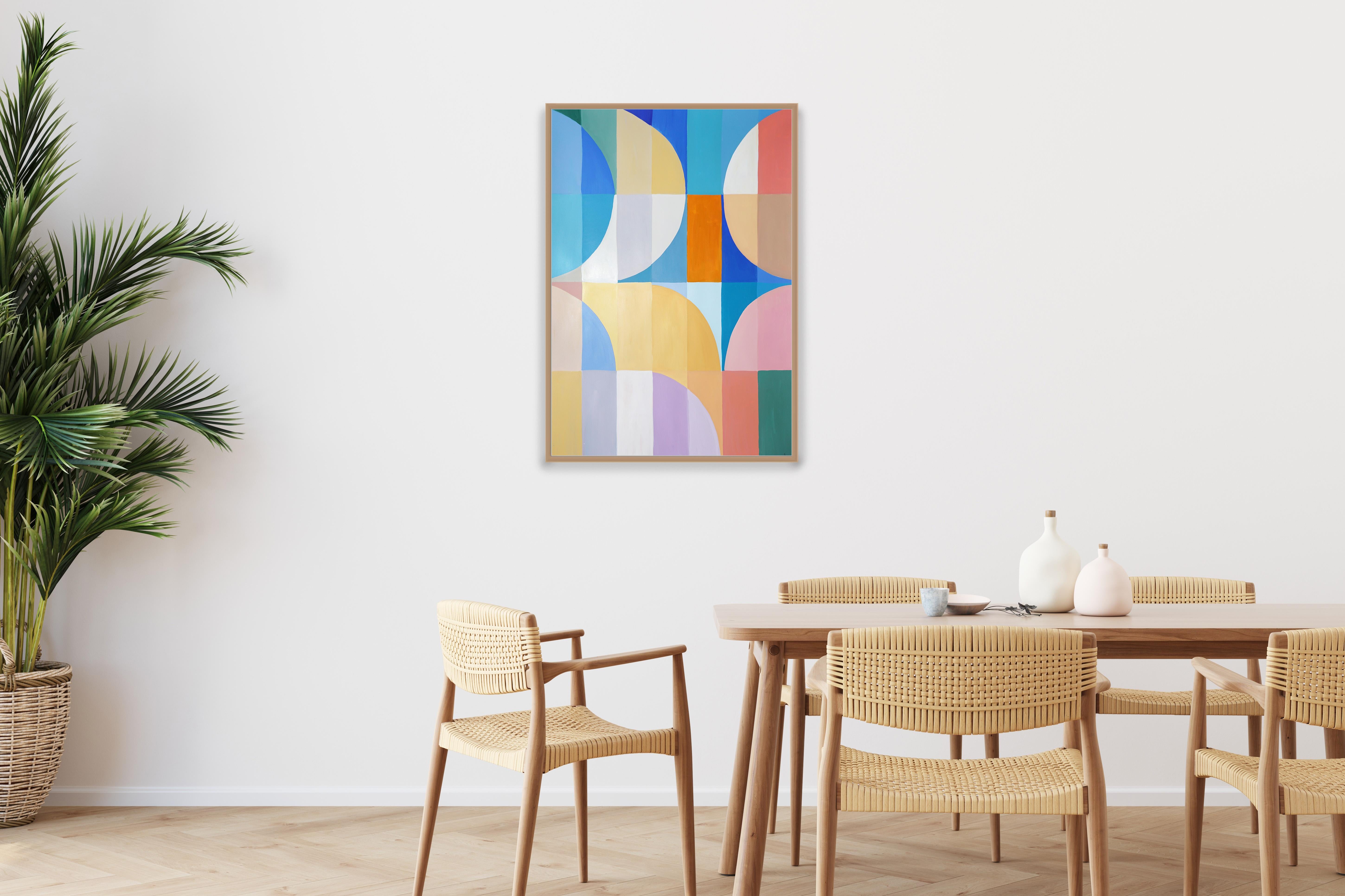 This series of abstract geometric paintings by Natalia Roman draws its inspiration from the sleek grids and curves of Bauhaus architecture, while at the same time exploring bright and vivid color variations. The arcs and curves, meticulously