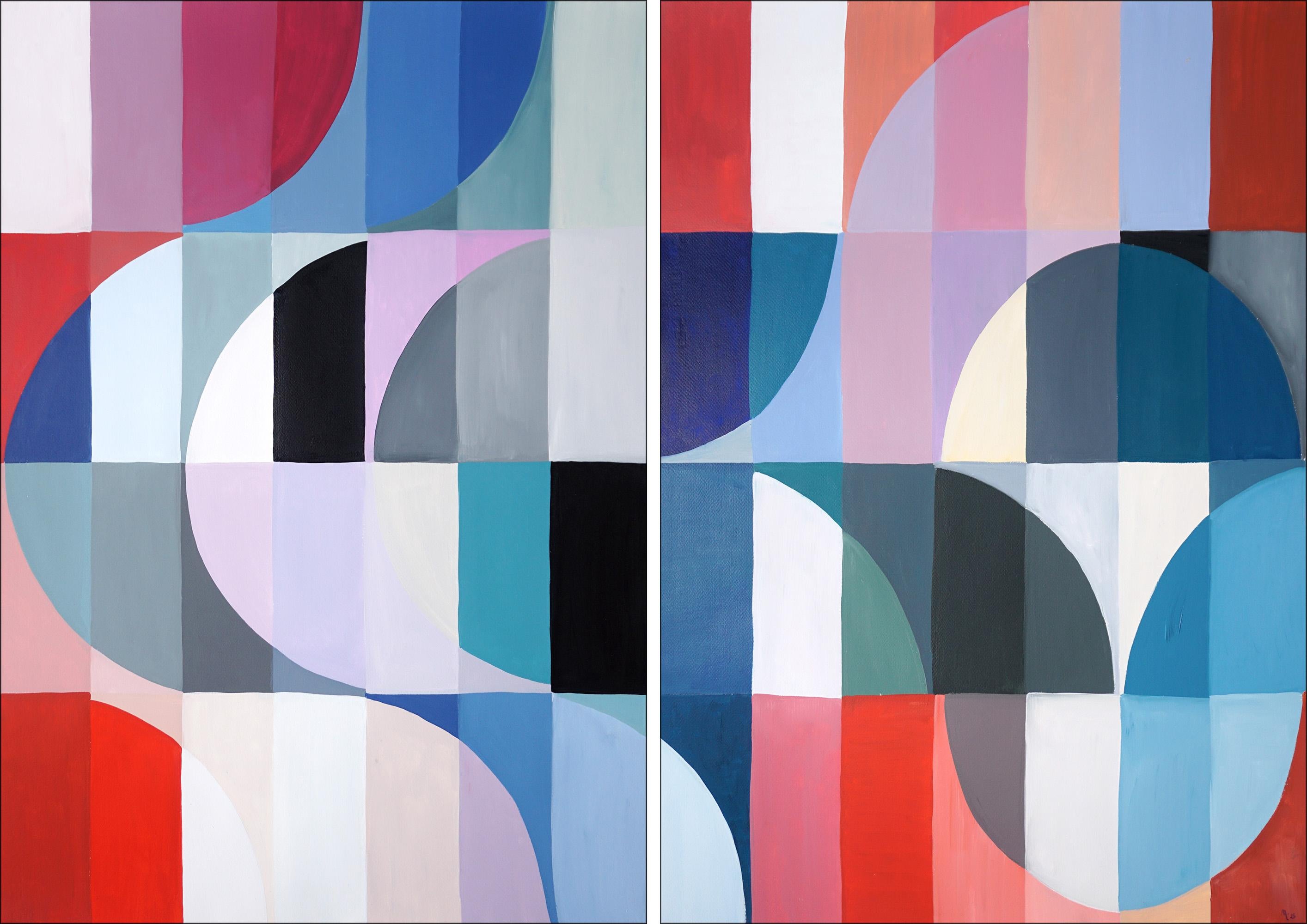 Natalia Roman Abstract Painting – Solar Eclipse in La Condesa, Red, Mauve Tones Diptych, Patterns Rhythms Bauhaus