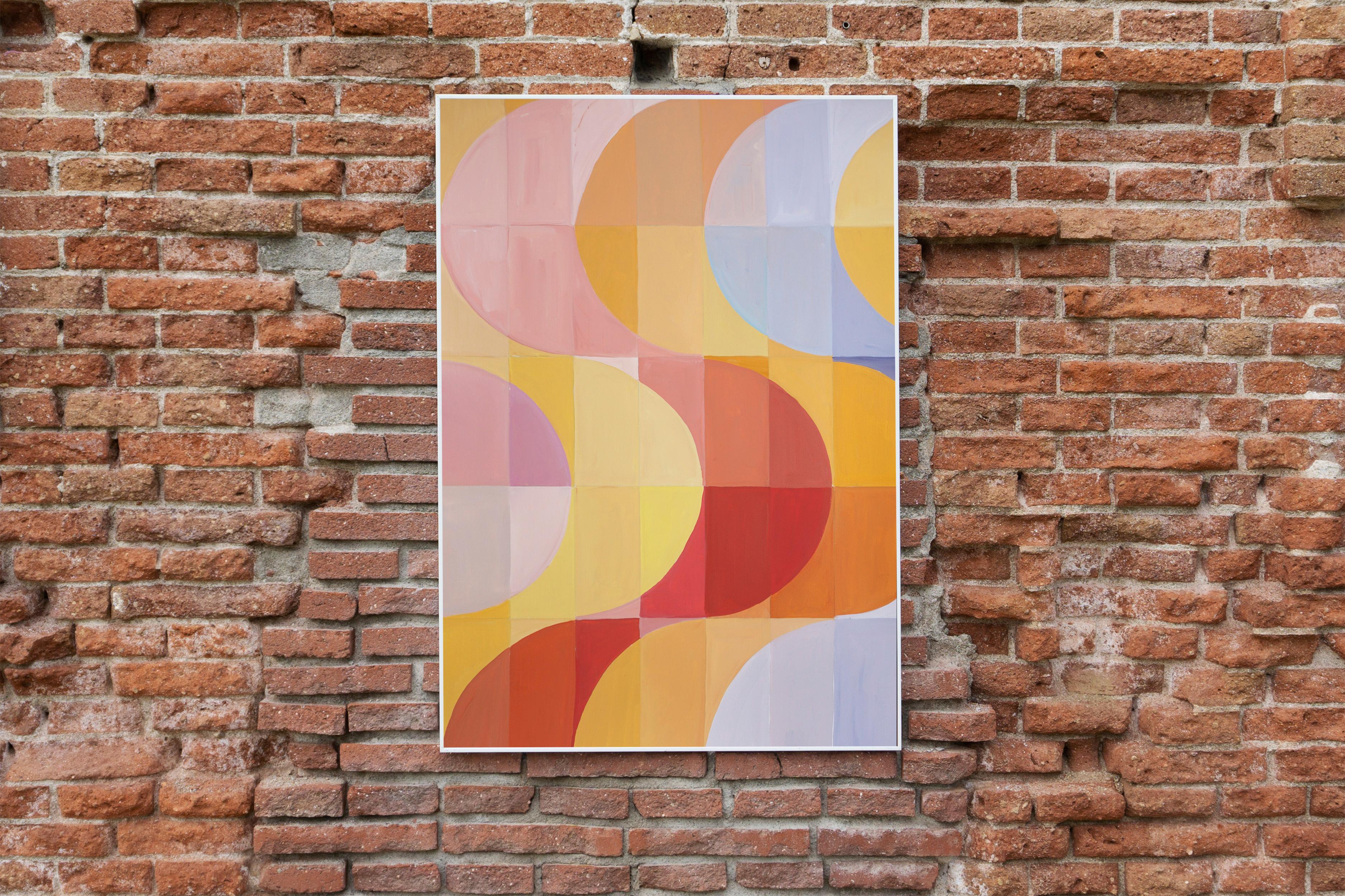 Sonnenfinsternis, Warme Töne Abstrakte Geometrische Bauhaus Landschaft, Rot, Gelb, Himmel – Painting von Natalia Roman
