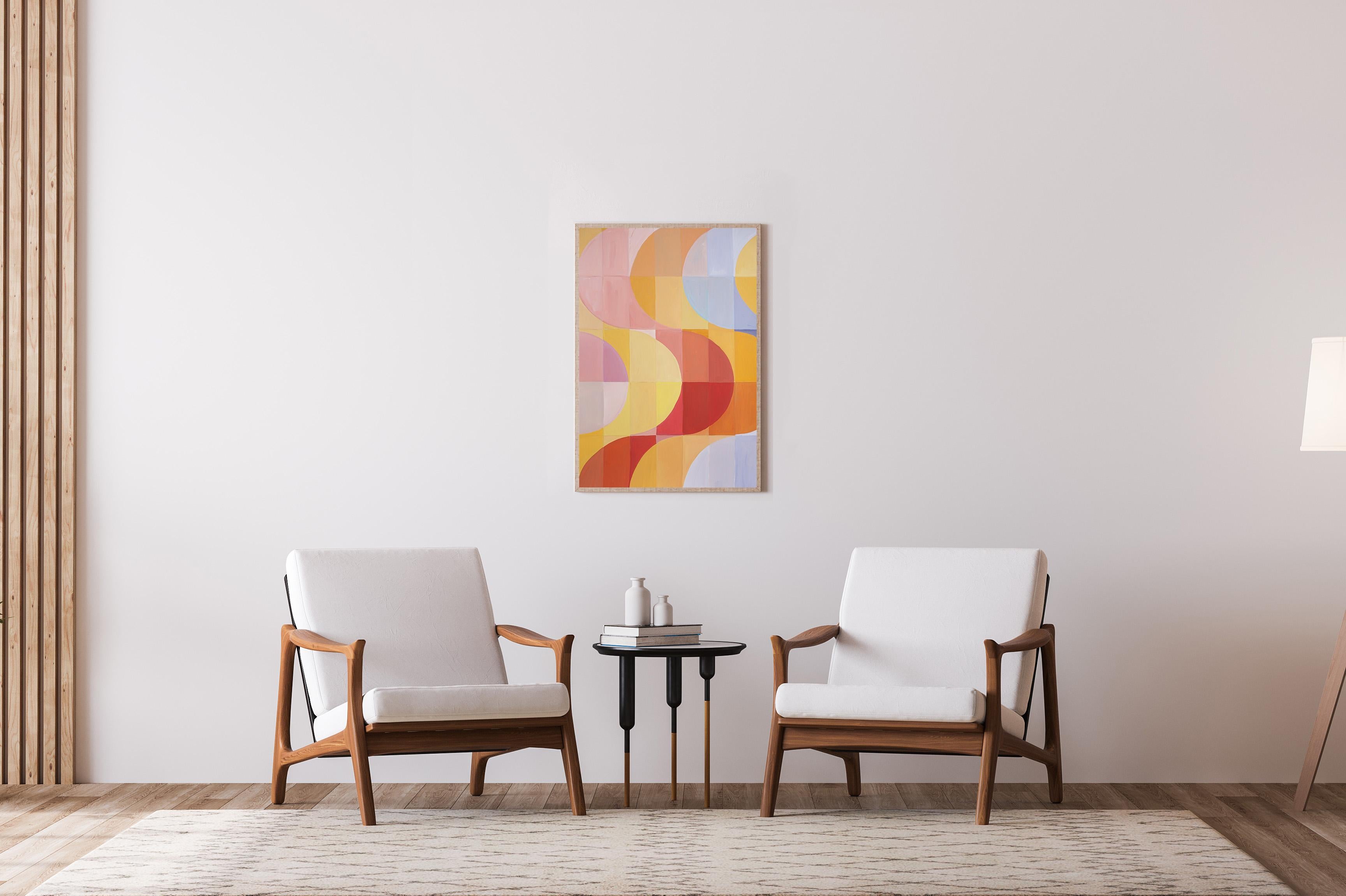 This abstract geometric acrylic painting is a vibrant and playful composition that draws inspiration from vintage Italian parasols. With a focus on bold, bright colors and clean lines, the painting features intersecting shapes and patterns that