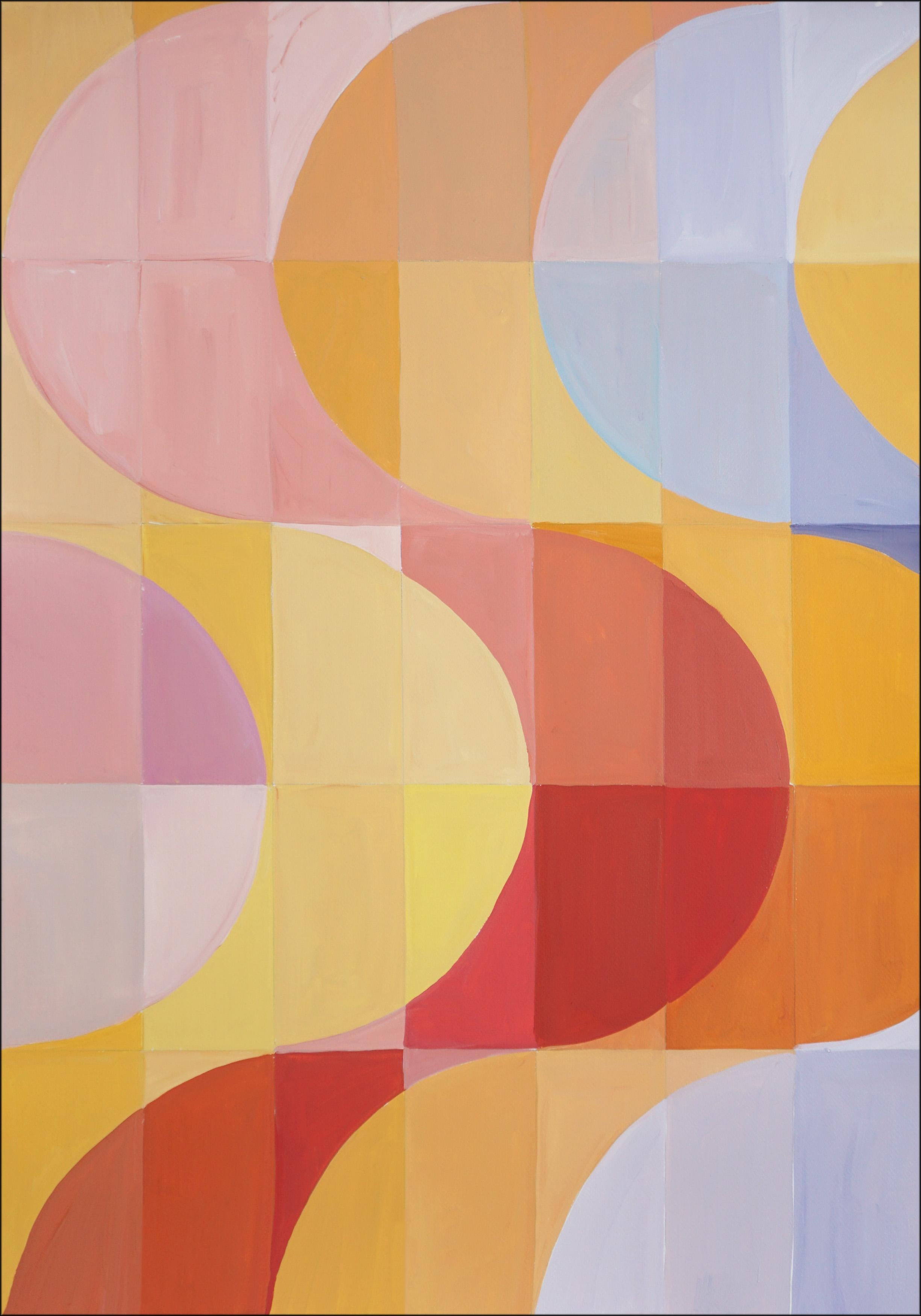 Natalia Roman Abstract Painting - Solar Eclipse, Warm Tones Abstract Geometric Bauhaus Landscape, Red, Yellow, Sky