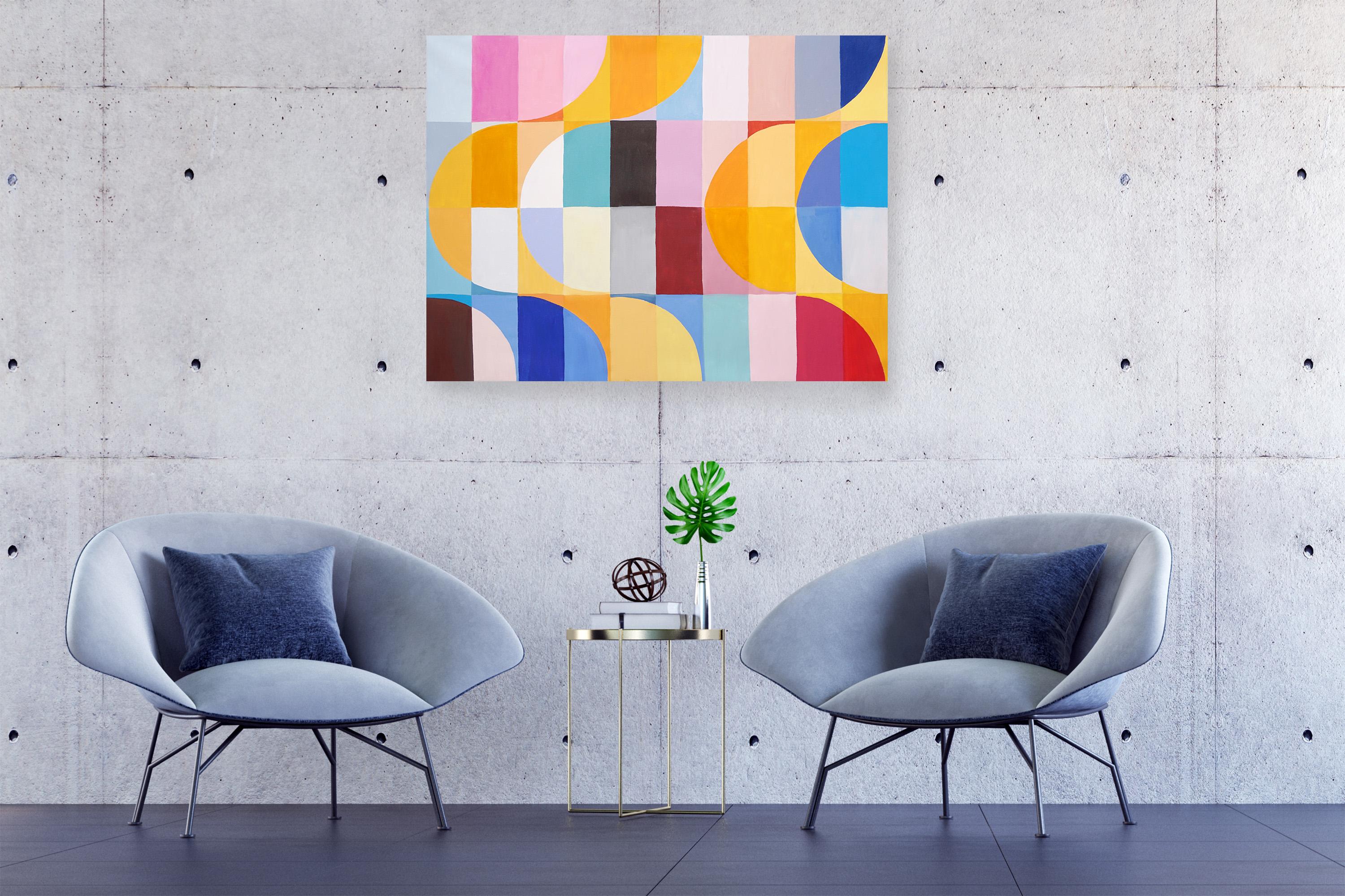 Olas del Eclipse Solar, Colorida Pintura Bauhaus Horizontal Cuadrícula sobre Lienzo, 2014 - Painting de Natalia Roman