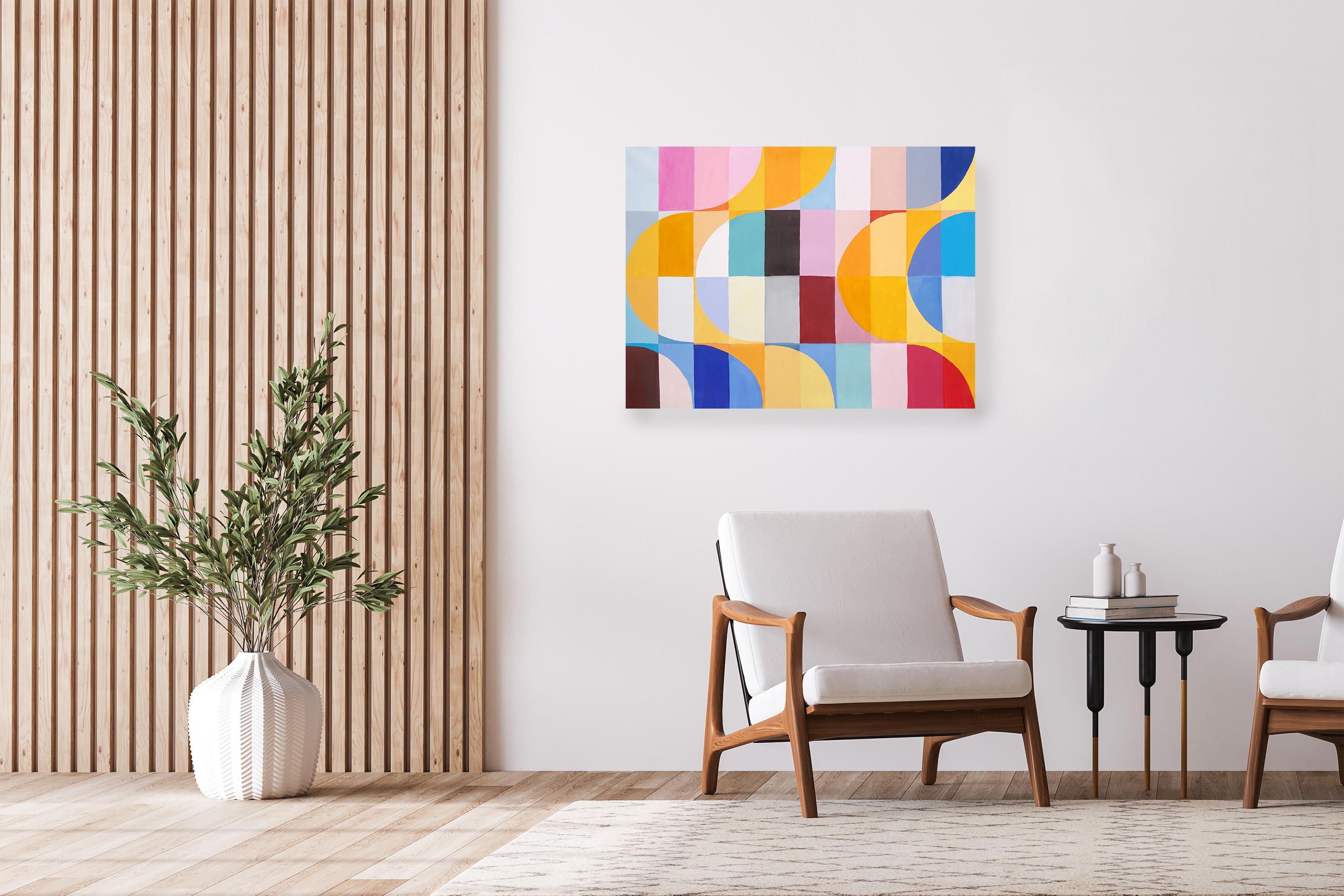 Olas del Eclipse Solar, Colorida Pintura Bauhaus Horizontal Cuadrícula sobre Lienzo, 2014 - Painting Neoconstructivista de Natalia Roman