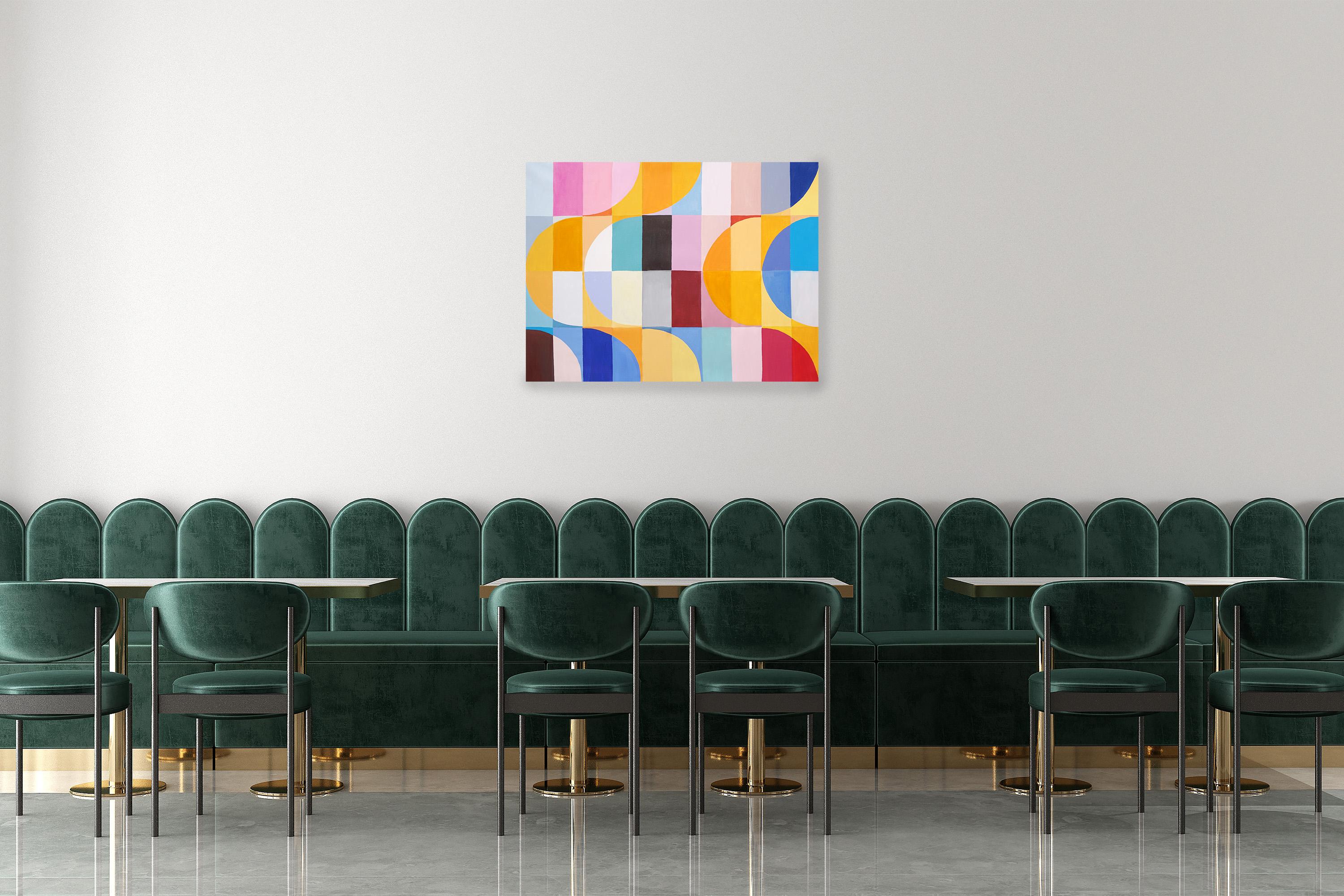 Olas del Eclipse Solar, Colorida Pintura Bauhaus Horizontal Cuadrícula sobre Lienzo, 2014 1