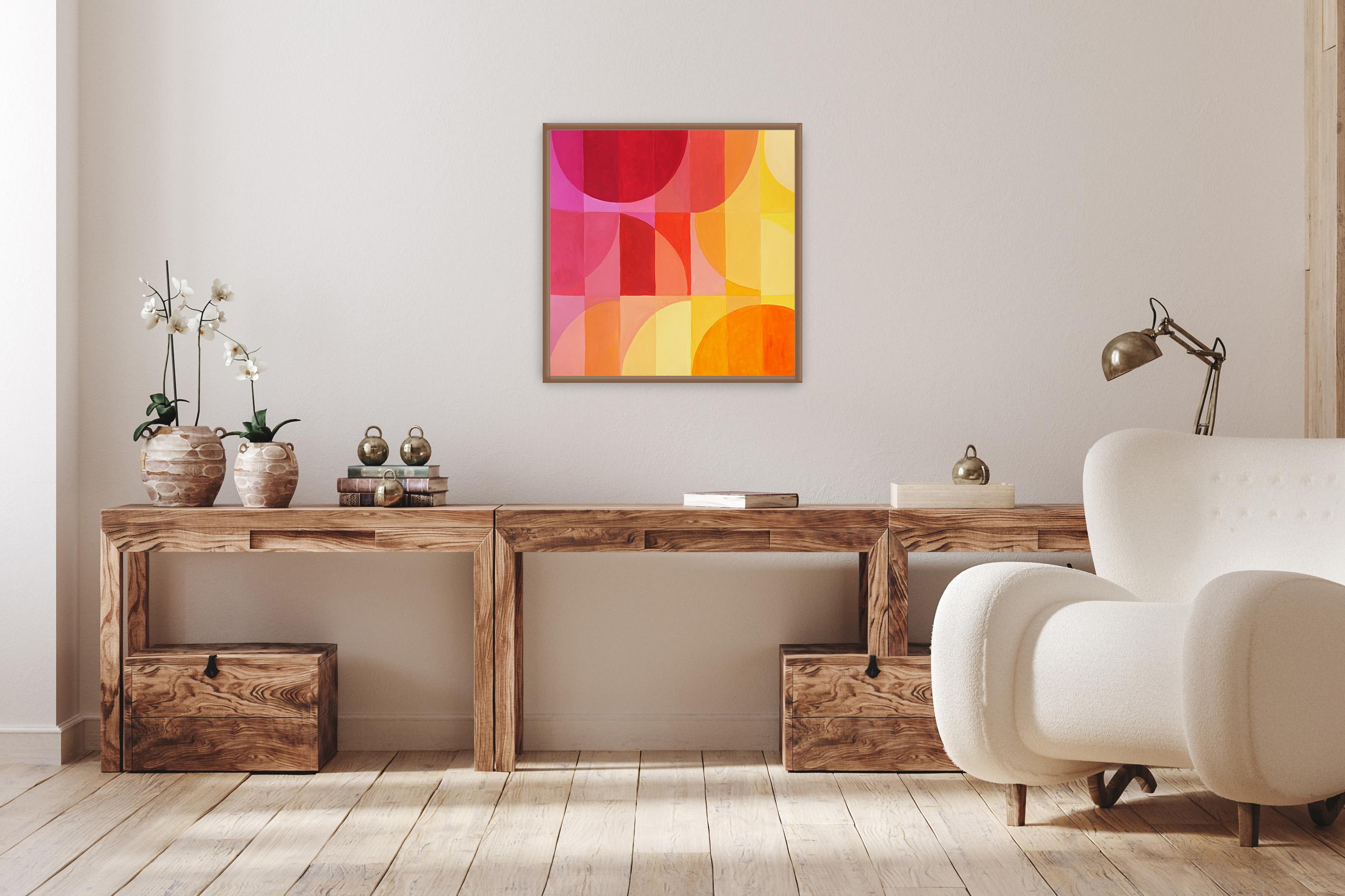 Southern Hemisphere-Sonnenuntergang, quadratisch, Bauhaus, rosa-gelber Farbverlauf, Fucsia- Grid – Painting von Natalia Roman