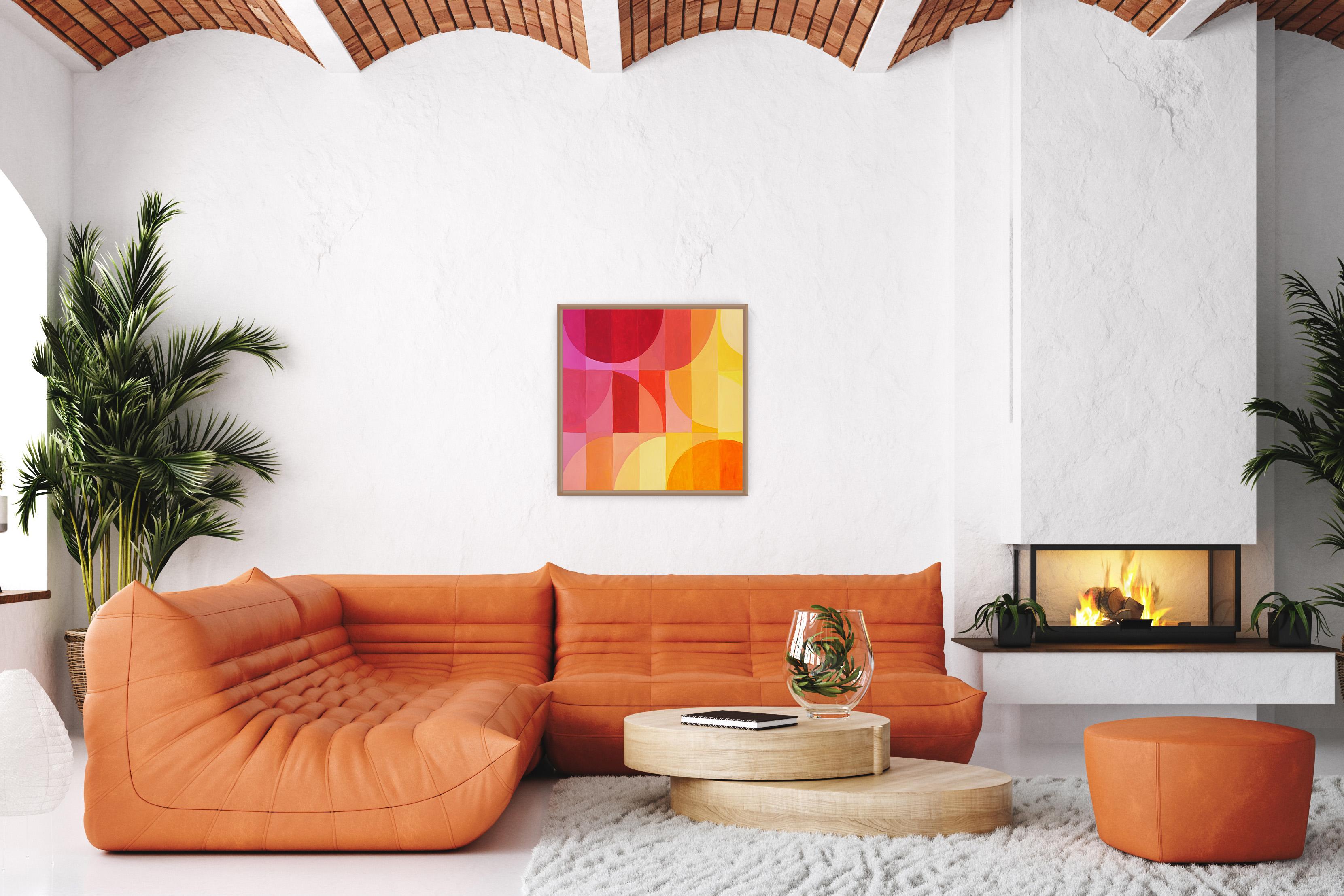 Southern Hemisphere Sunset, Squared Bauhaus, Pink Yellow Gradient, Fucsia Grid - Orange Abstract Painting by Natalia Roman